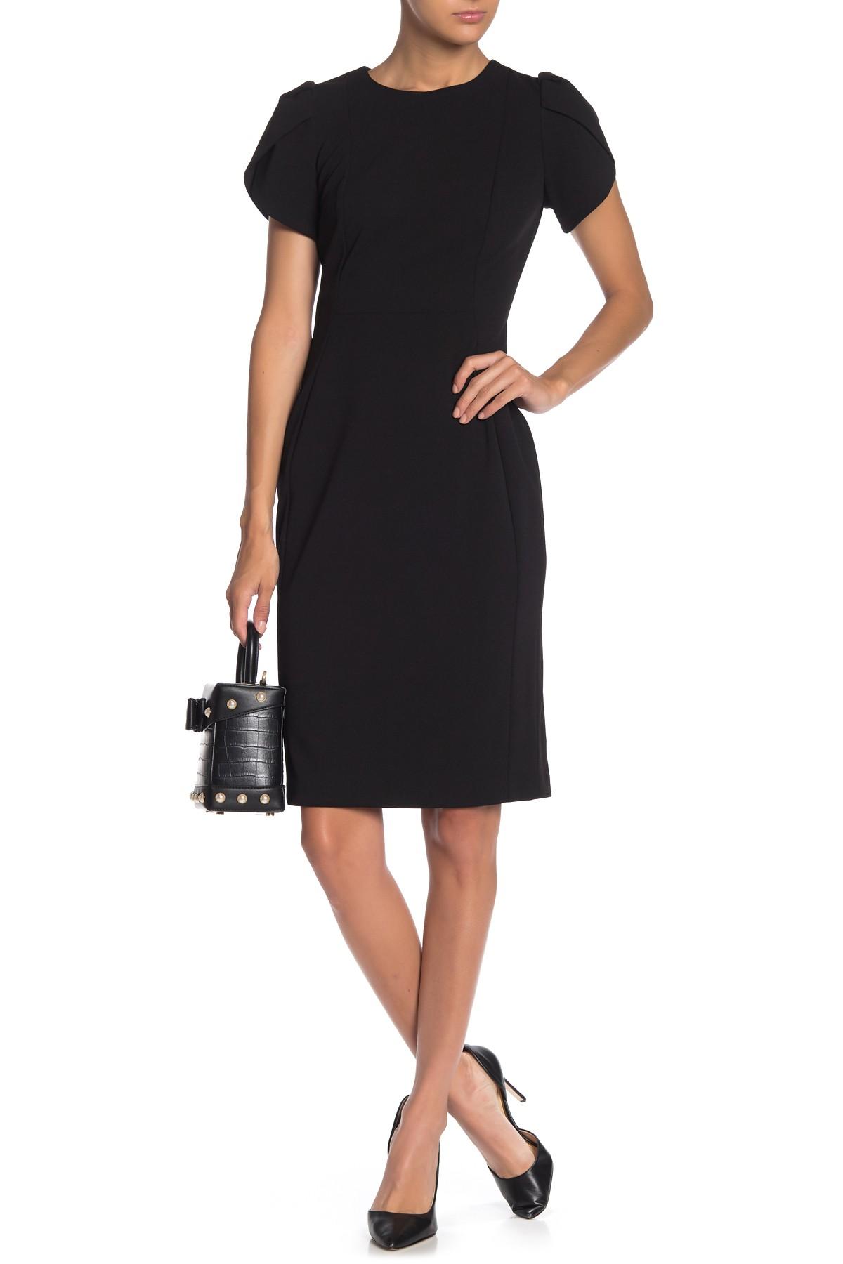Calvin Klein Synthetic Tulip Sleeve Solid Sheath Stretch Dress in Black ...