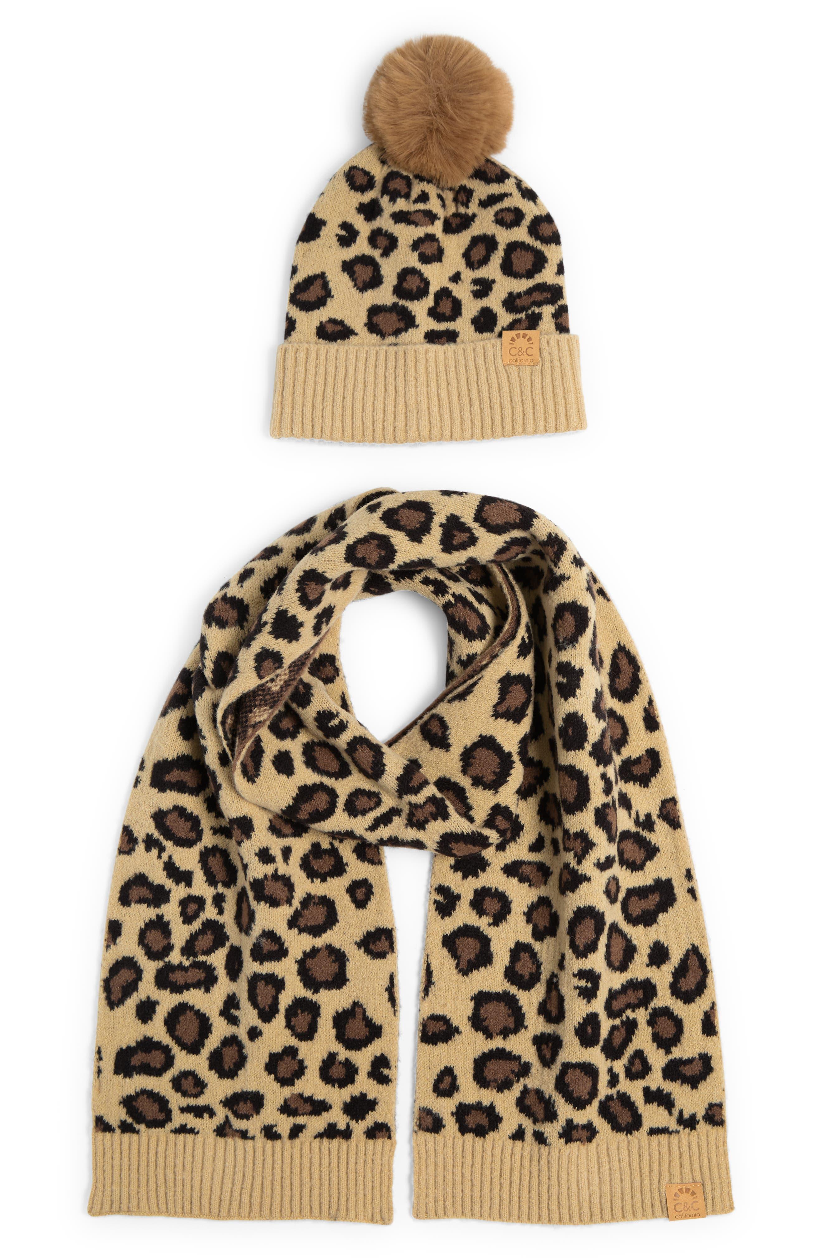 C&C California Leopard Print Beanie With Faux Fur Pompom & Scarf Set for  Men