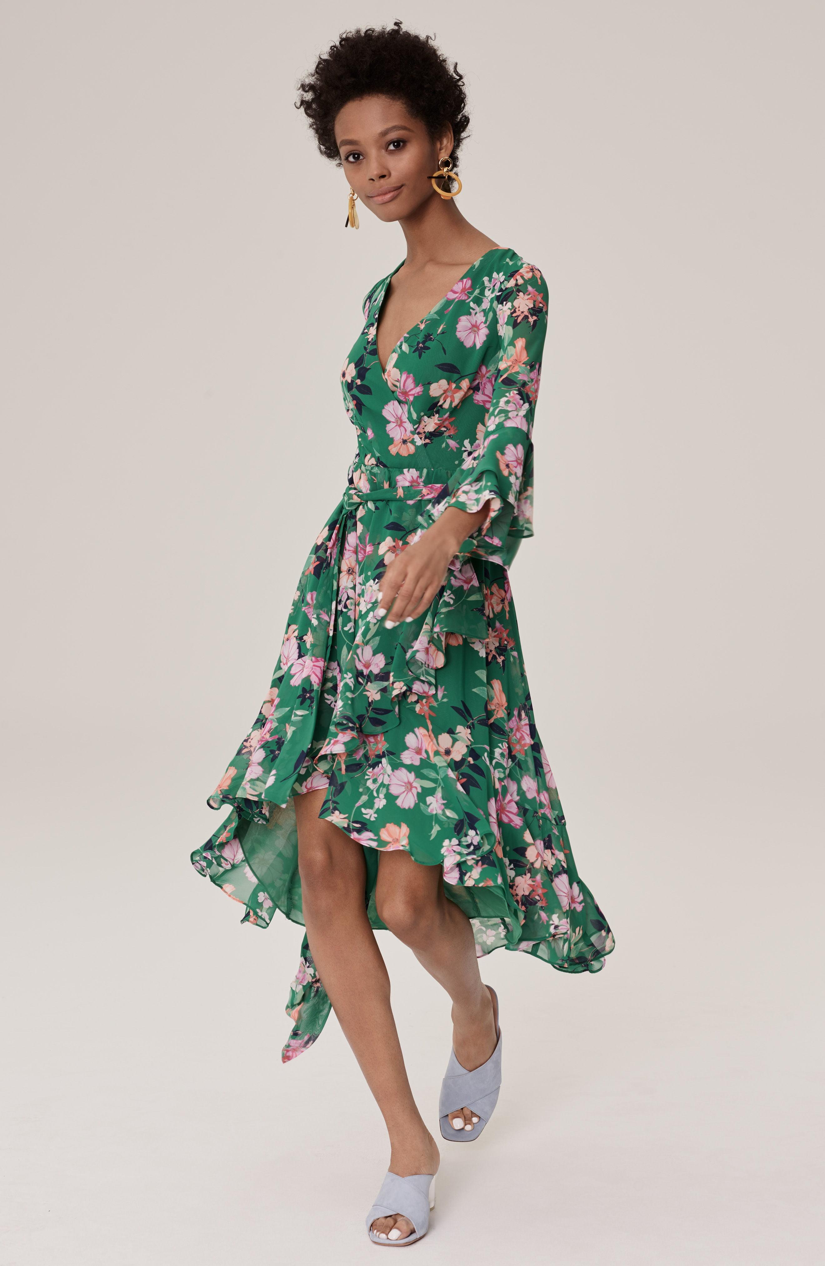 Eliza J Chiffon Ruffle Sleeve Floral Faux Wrap Dress in Green | Lyst