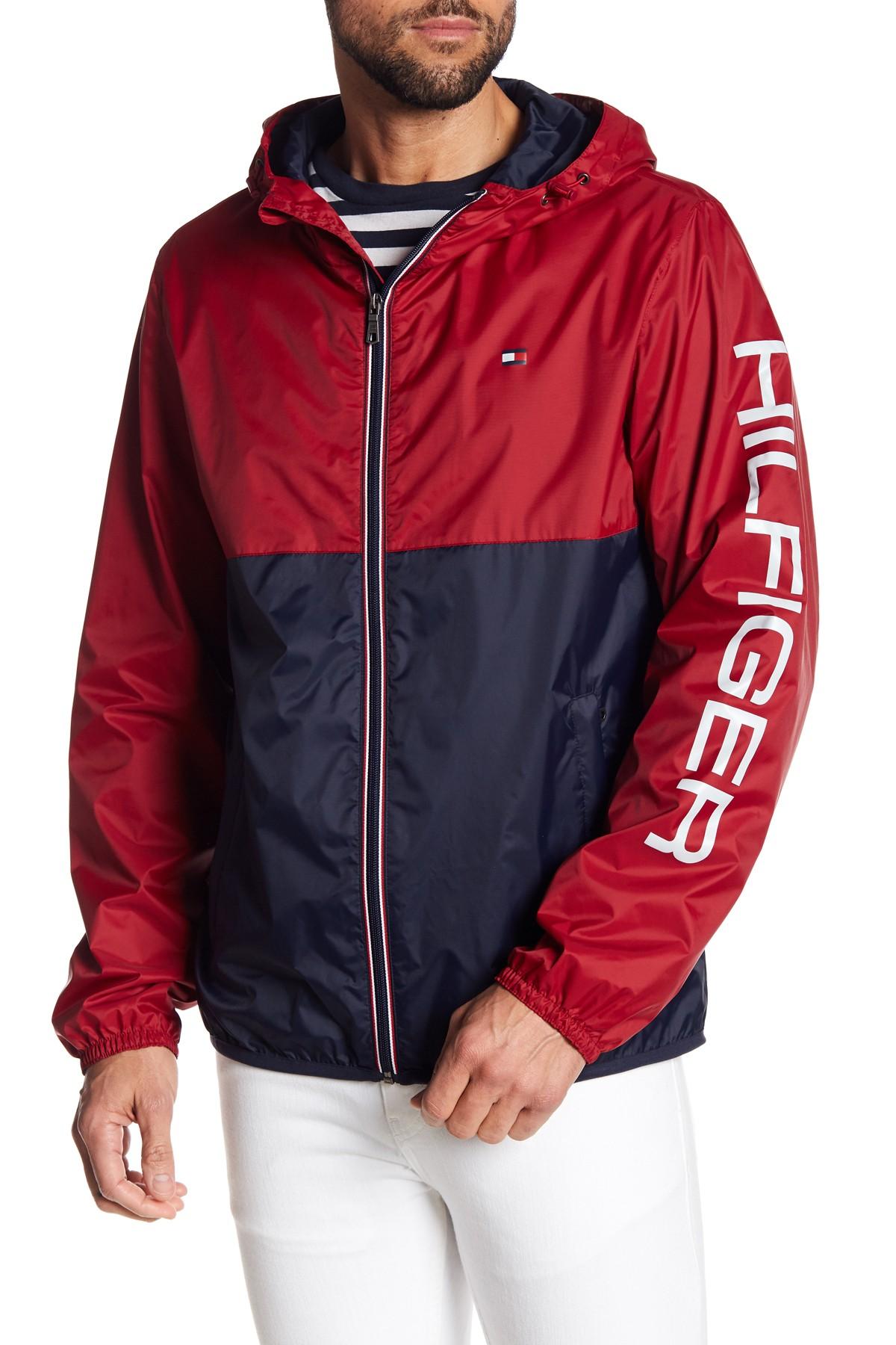 Tommy Hilfiger Synthetic Colorblock Hooded Rain Jacket in Red for Men ...