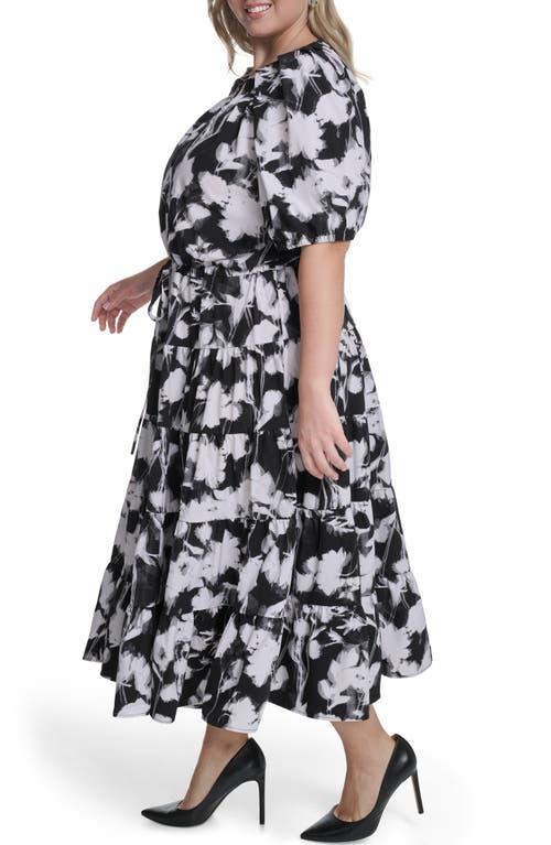 Calvin Klein Floral Elbow-Length Sleeve A-Line Midi Dress in White | Lyst
