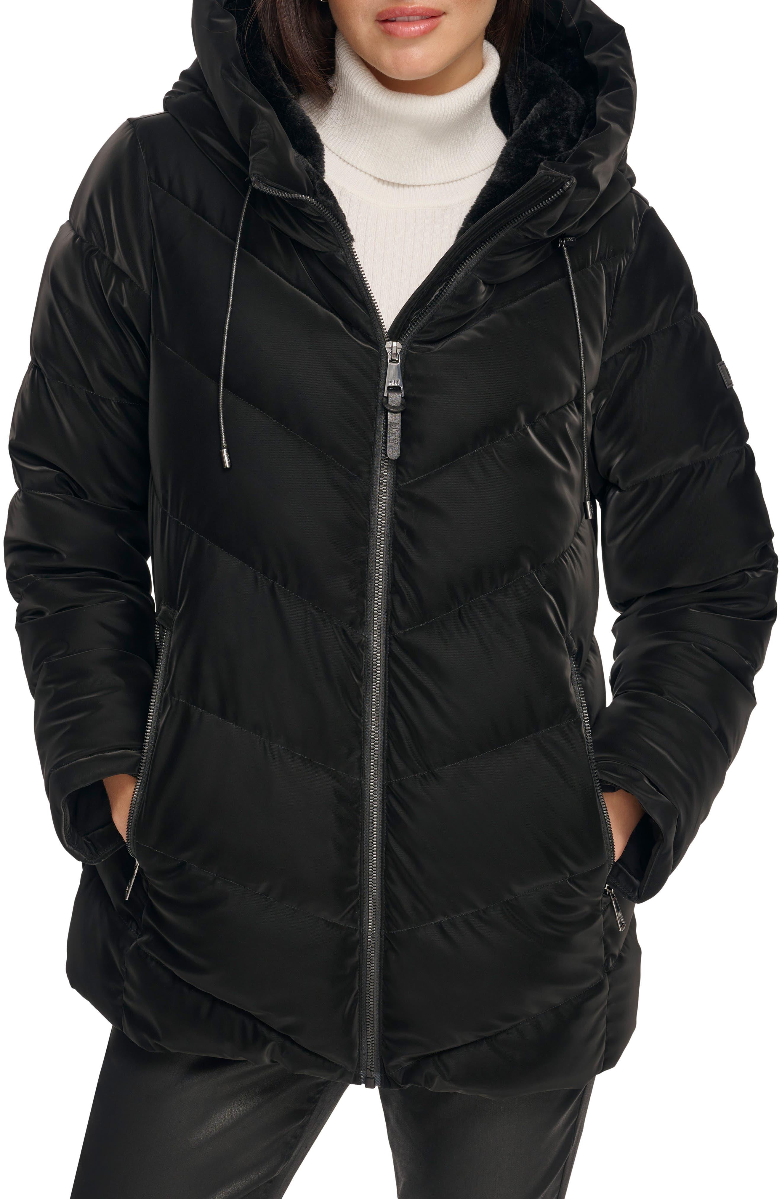 DKNY Water Resistant Faux Fur Lined Hood Puffer Jacket in Black