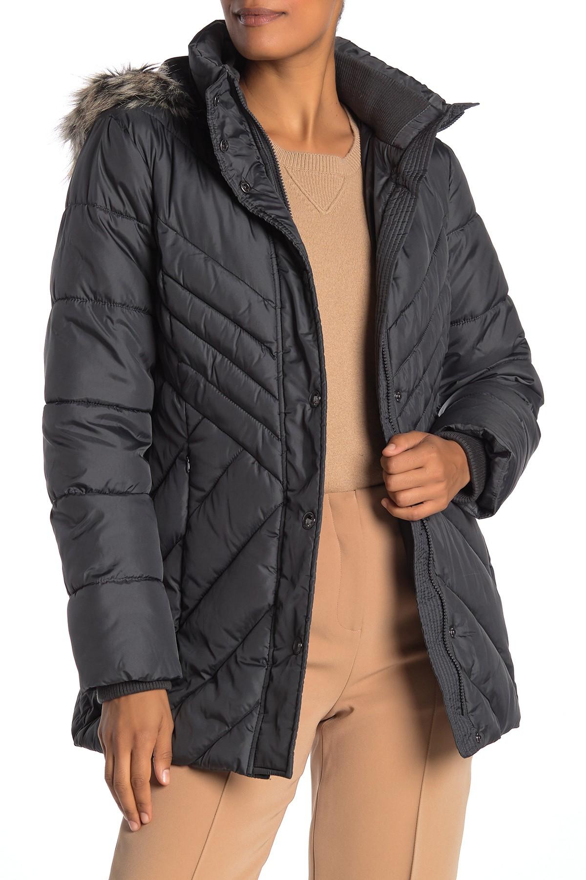 London Fog Faux Fur Trim Hooded Zip Front Puffer Jacket in Slate (Gray