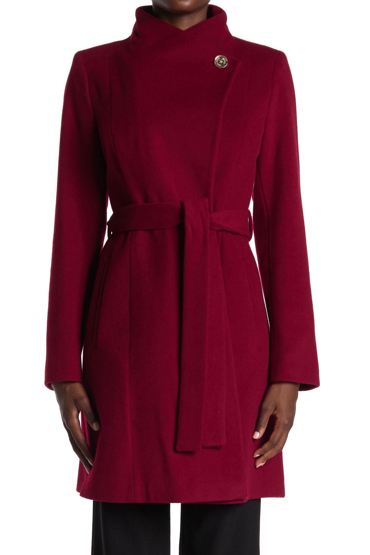 Michael Kors Missy Asymmetrical Belted Wool Blend Coat in Red - Lyst