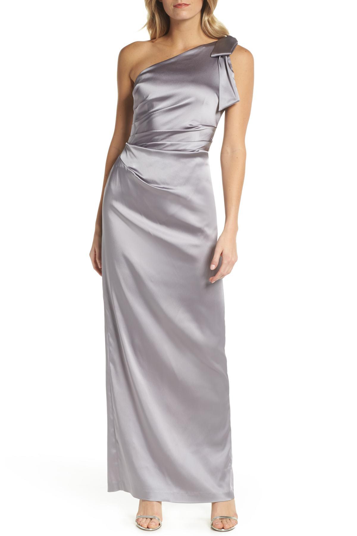 Adrianna Papell One-shoulder Stretch Satin Gown in Silver (Metallic) - Lyst