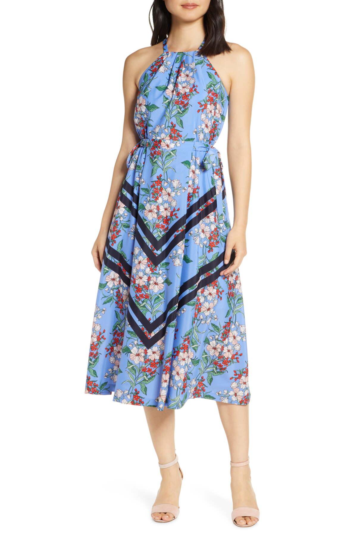 Vince Camuto Halter Neck Fit & Flare Midi Dress in Blue - Lyst