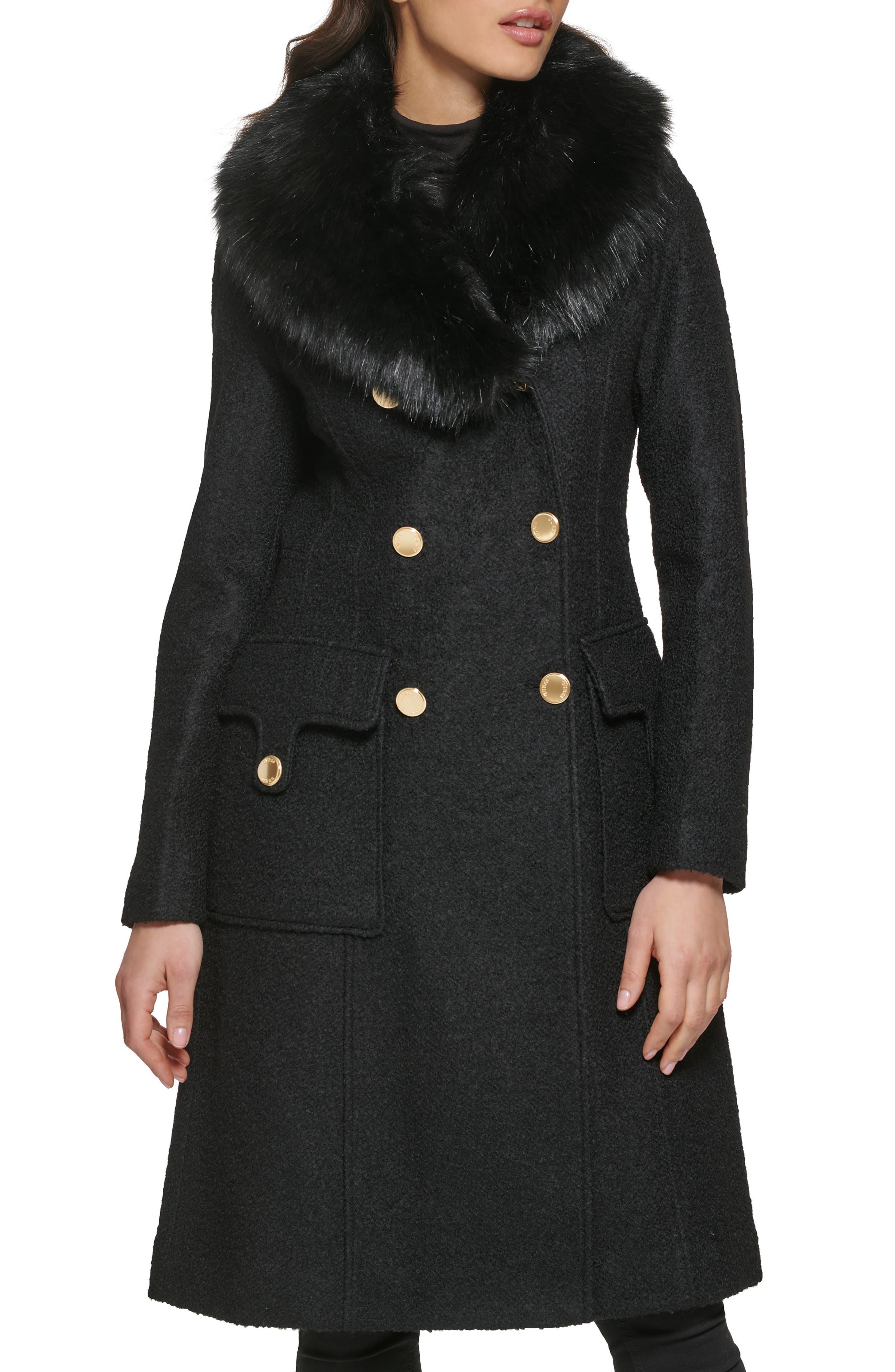 Guess Removable Faux Fur Collar Wool Blend Double Breasted Walker Coat ...