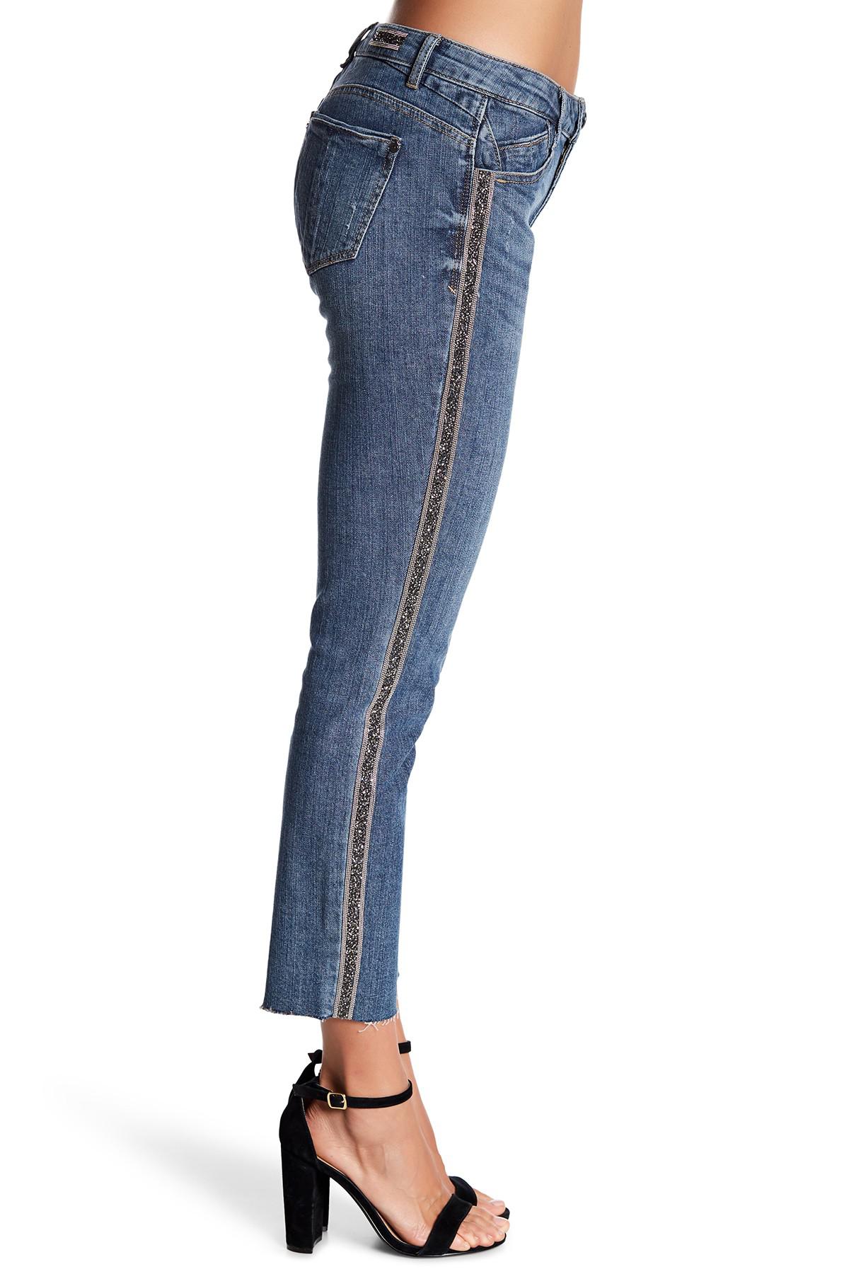 Democracy Denim Embellished Trim Raw Hem Straight Leg Jeans in Blue - Lyst