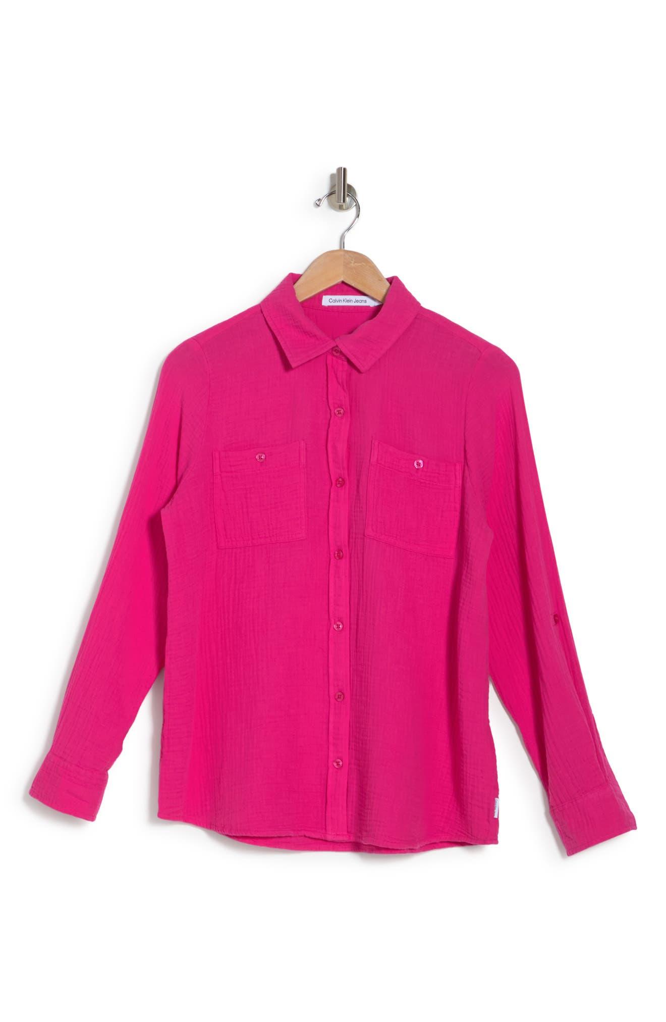 Calvin Klein Roll Sleeve Cotton Gauze Buttonup Shirt in Pink Lyst
