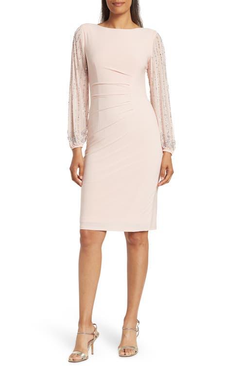marina beaded long sleeve sheath dress in Natural Experience the refined elegance