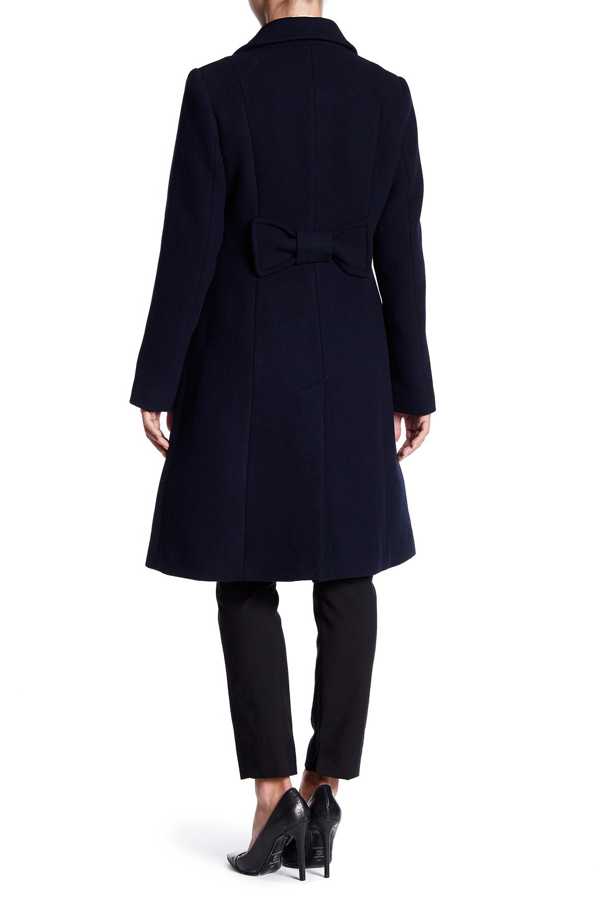Kate Spade Faux Fur Collar Back Bow Coat in Blue - Lyst