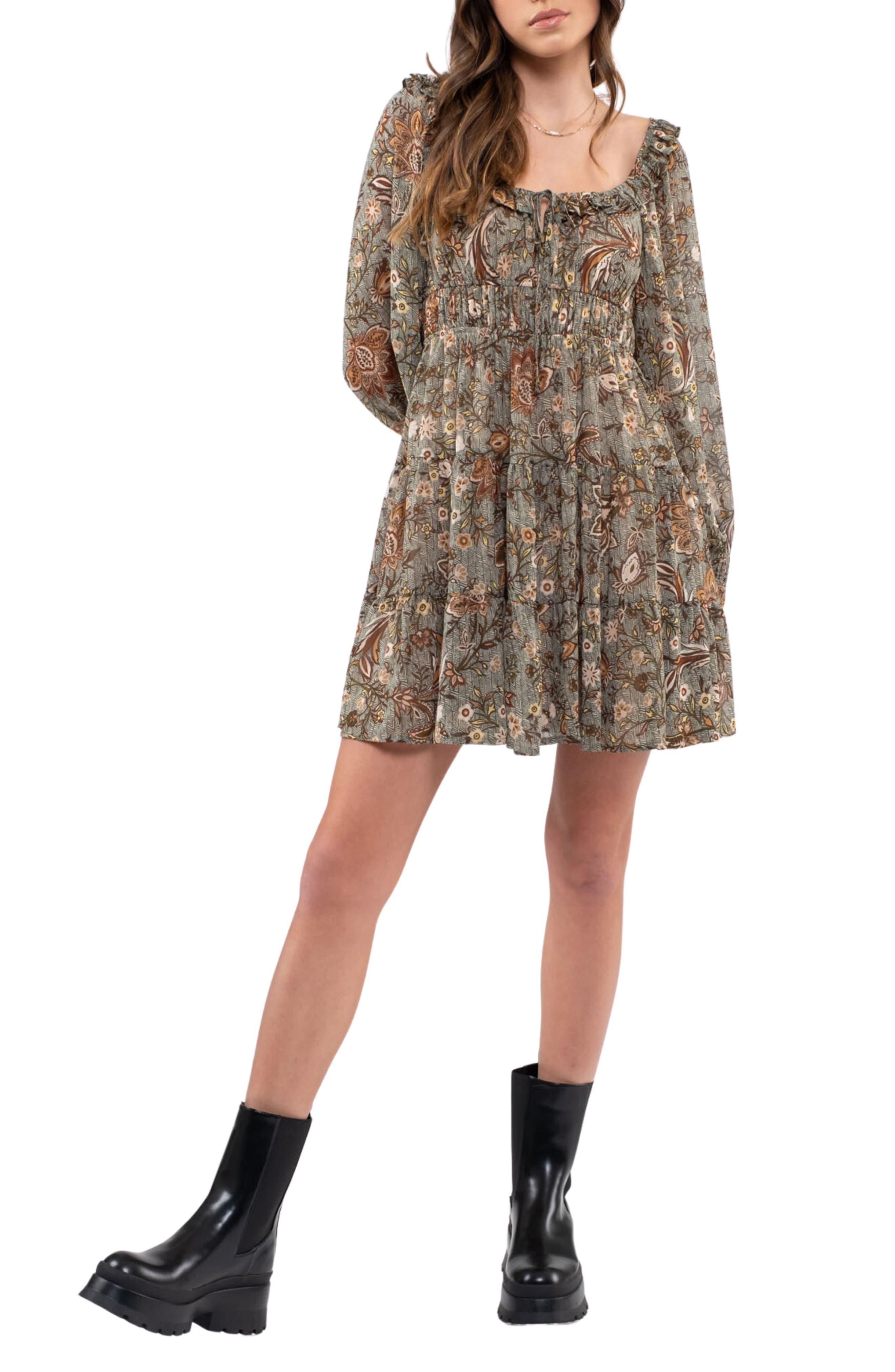 Blu Pepper Paisley Long Sleeve Minidress in Natural | Lyst