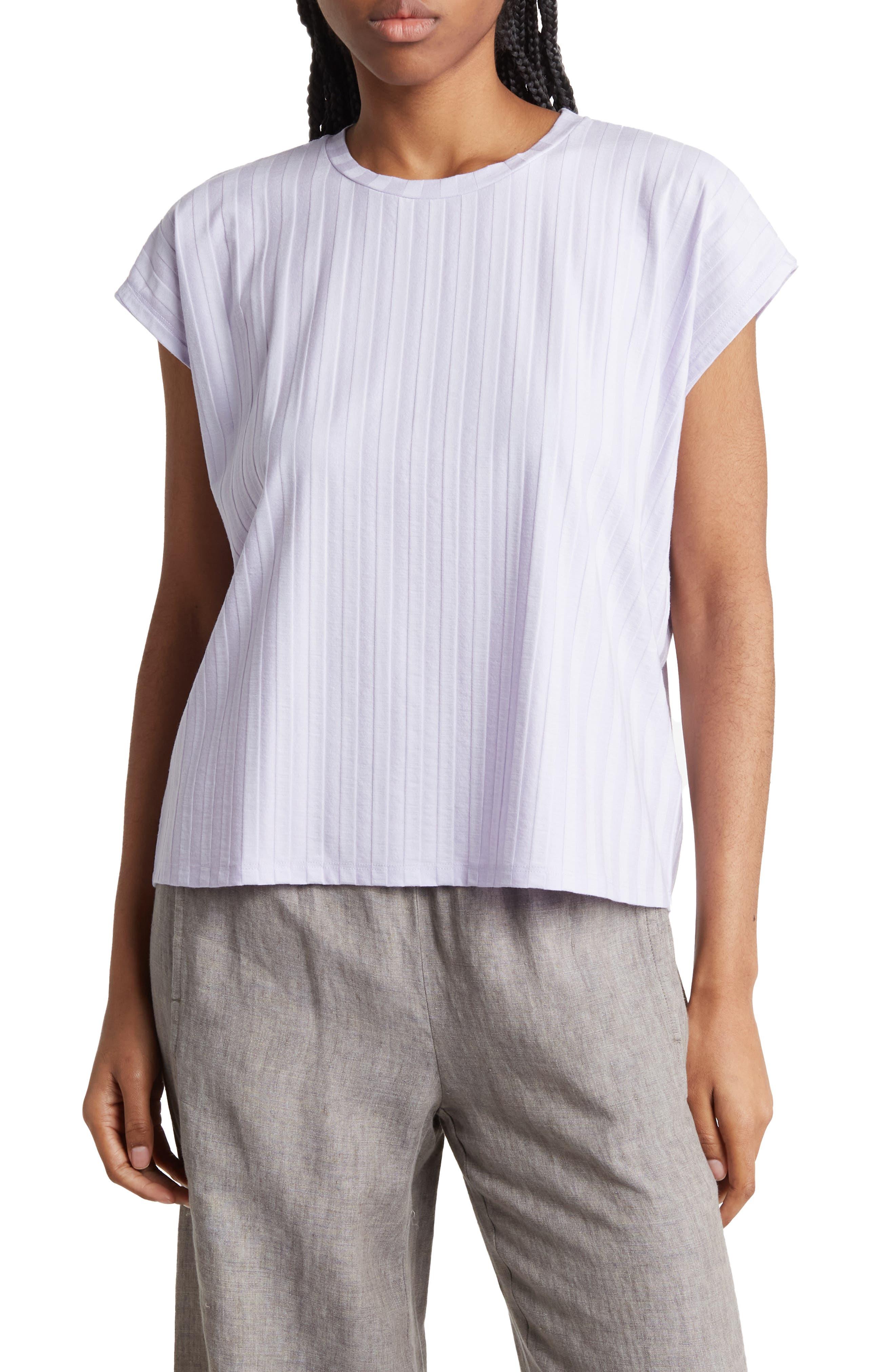 Eileen Fisher Crewneck Boxy Ribbed Top in White | Lyst