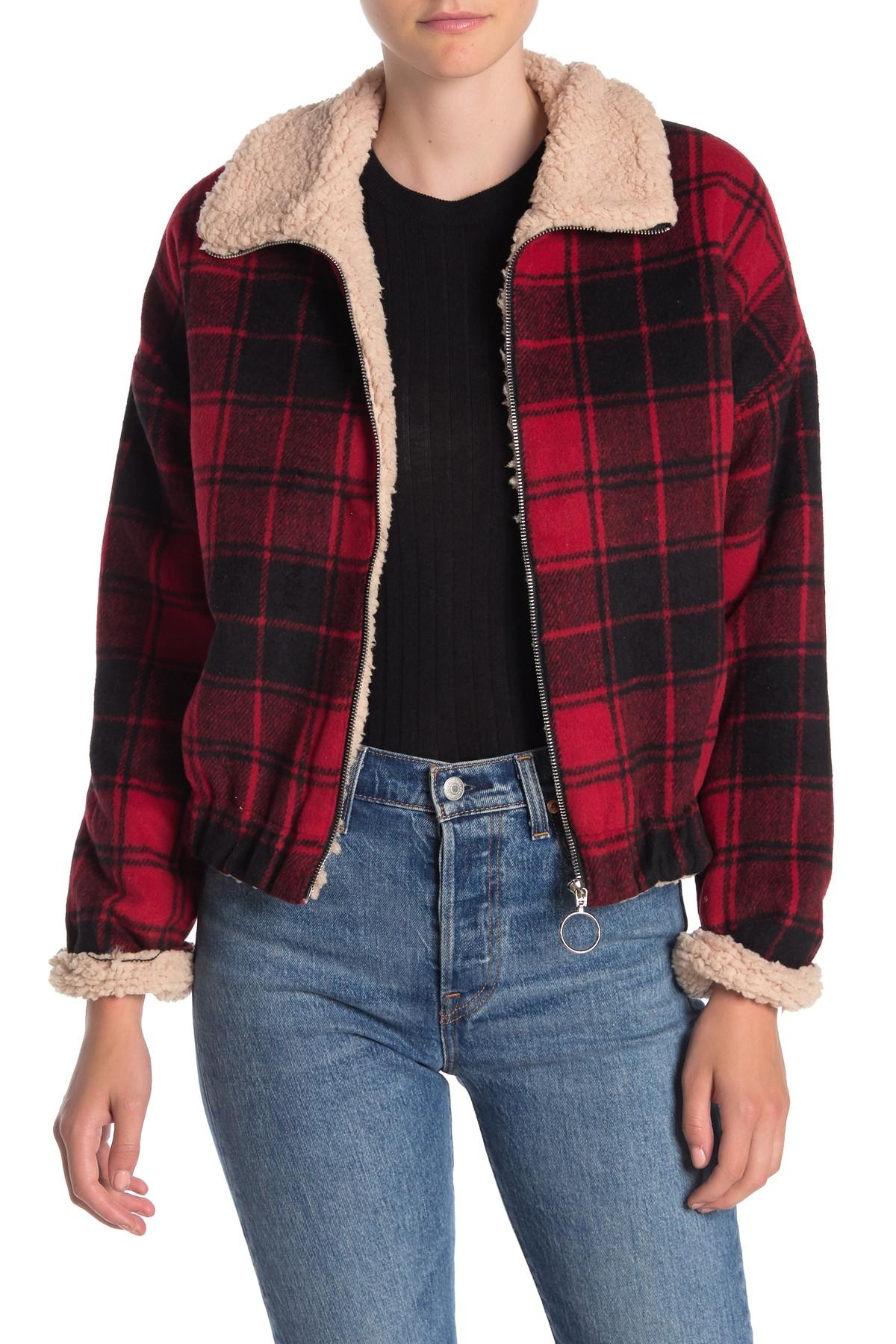 red flannel shearling jacket