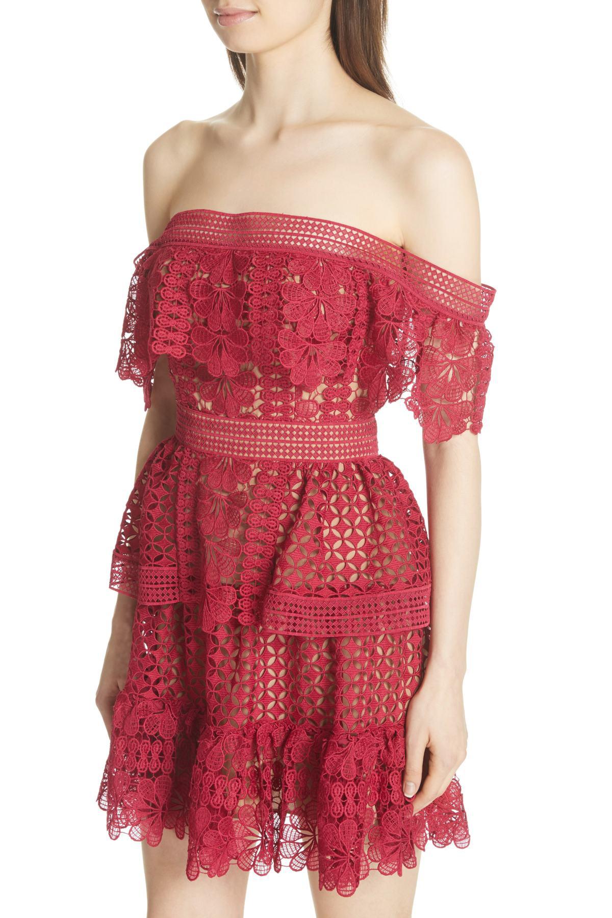 Self-Portrait Off-the-shoulder Guipure-lace Dress in Red | Lyst