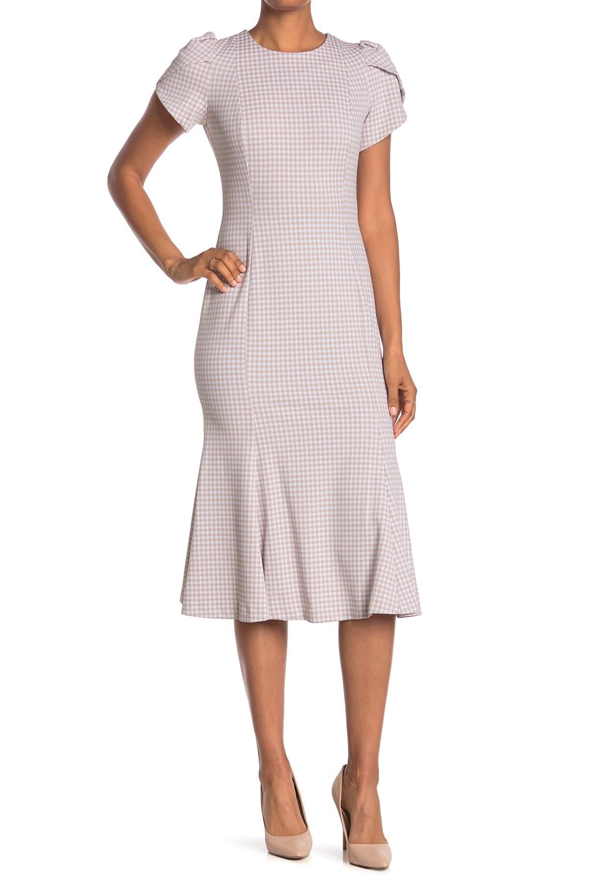 Calvin Klein Check Tulip Sleeve Midi Dress | Lyst