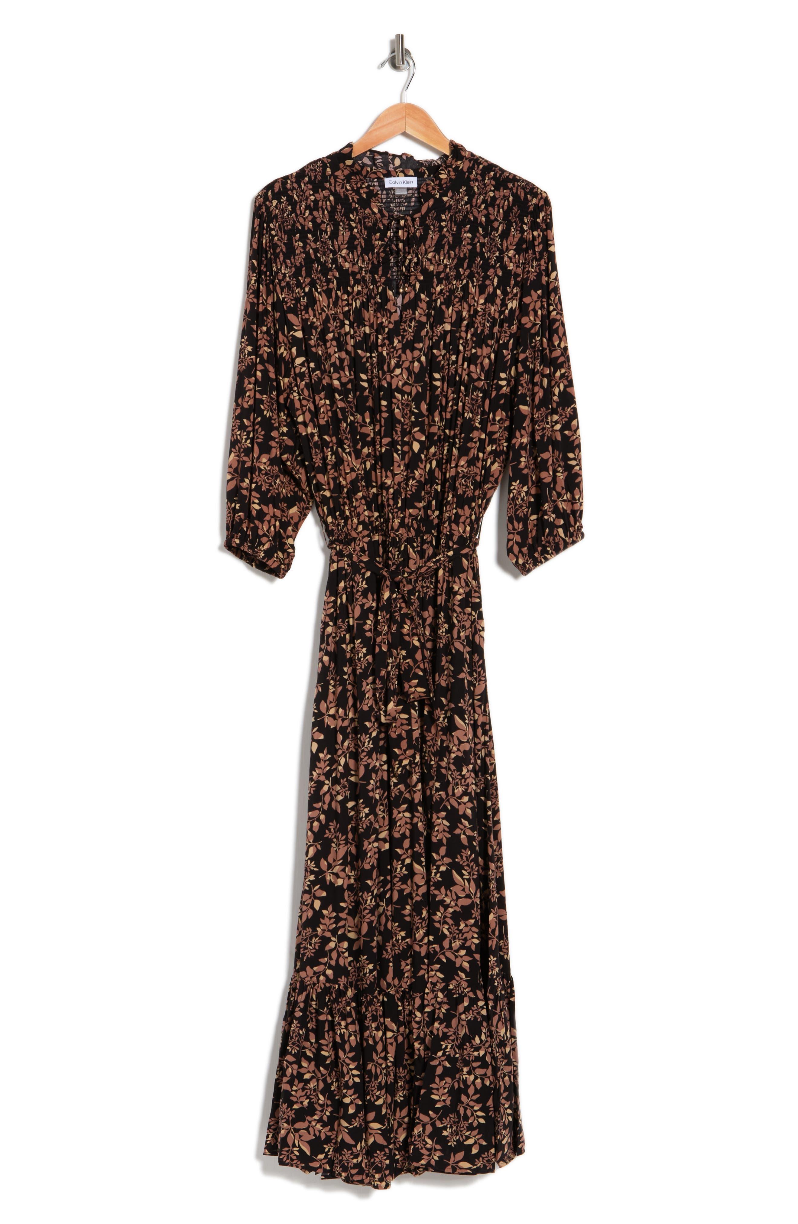 Calvin Klein Floral Print Challis Maxi Dress In Black Multi At