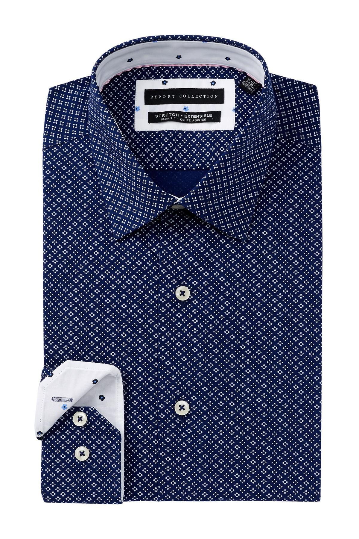 Report Collection Cotton Floral Print Slim Fit Dress Shirt in 41 Navy ...