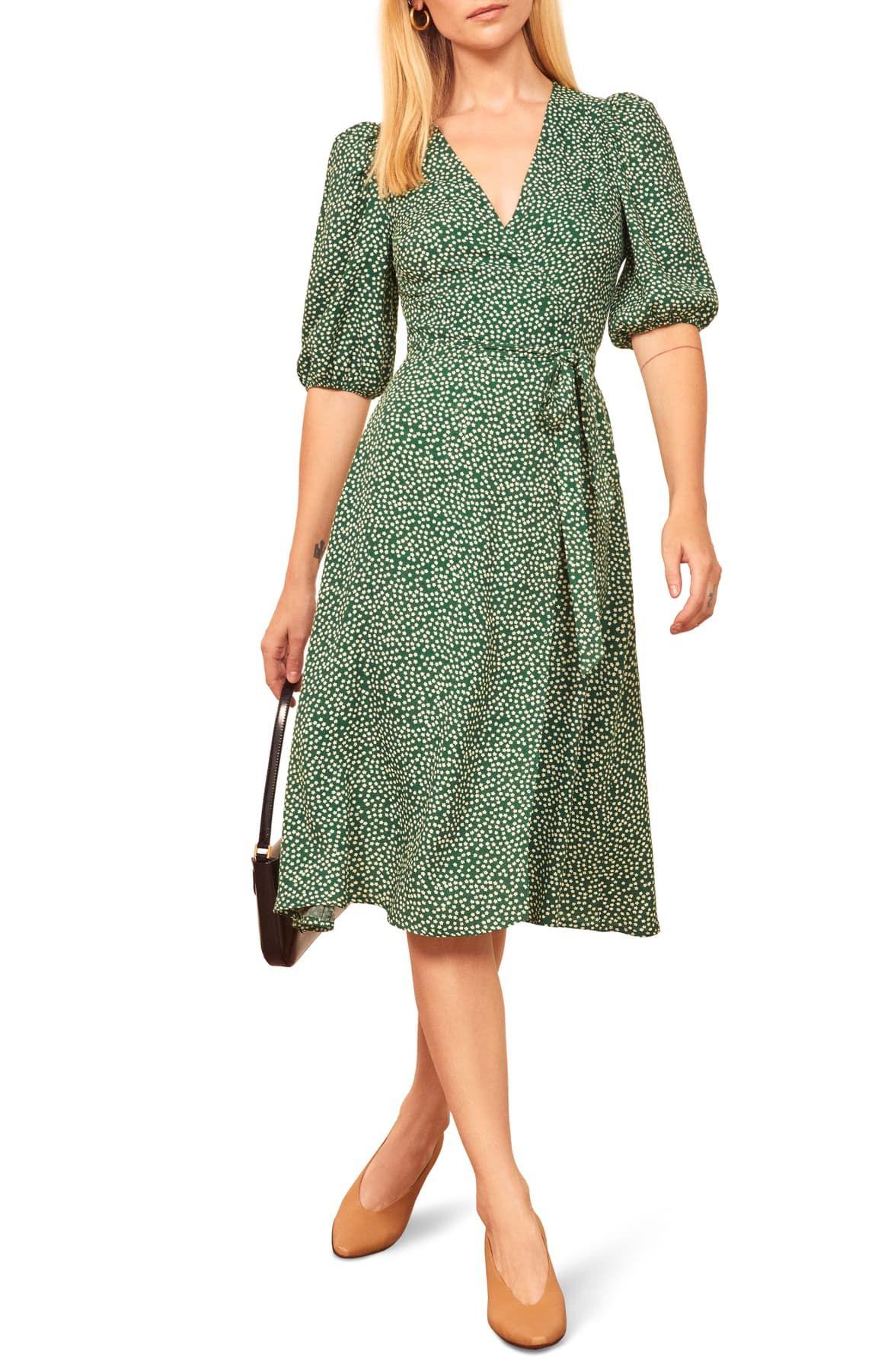 Reformation Christa Puff Sleeve Wrap Dress in Green | Lyst