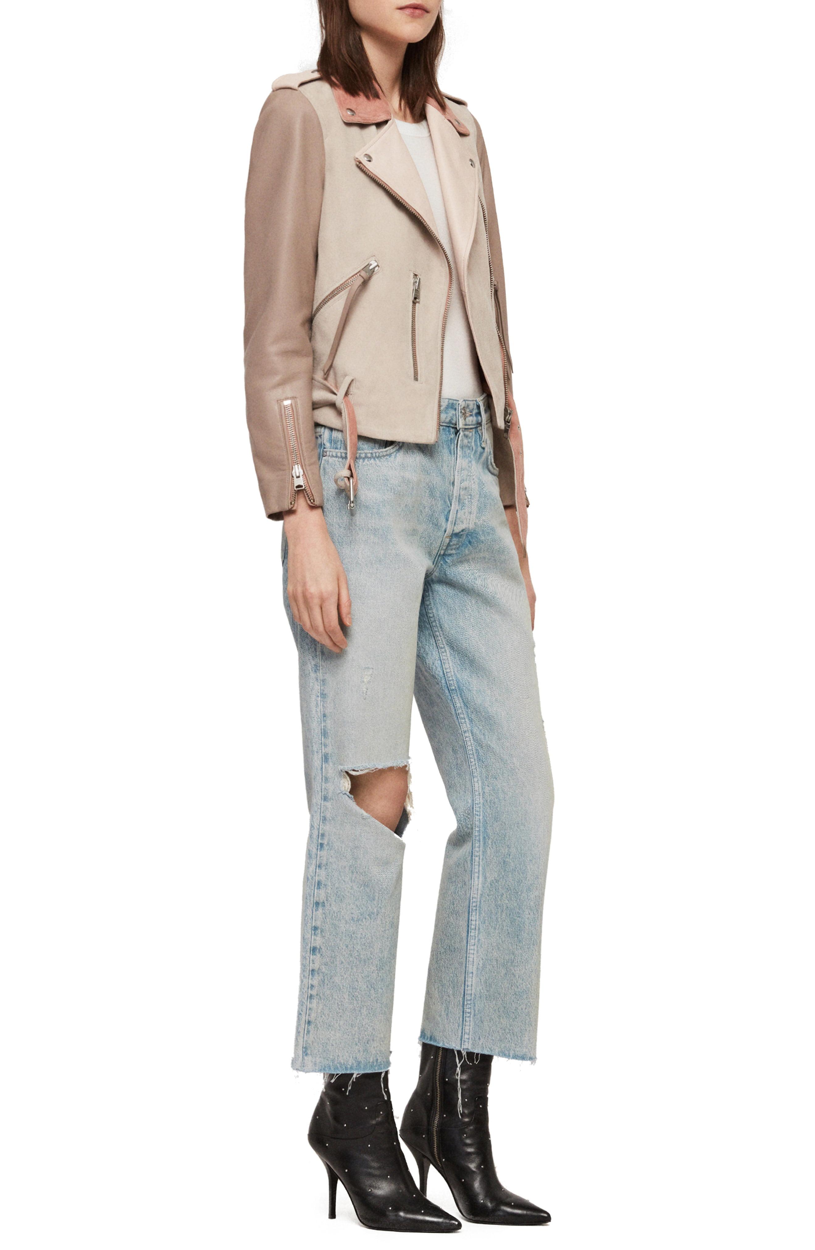 AllSaints Balfern Suede & Leather Biker Jacket in Pink | Lyst