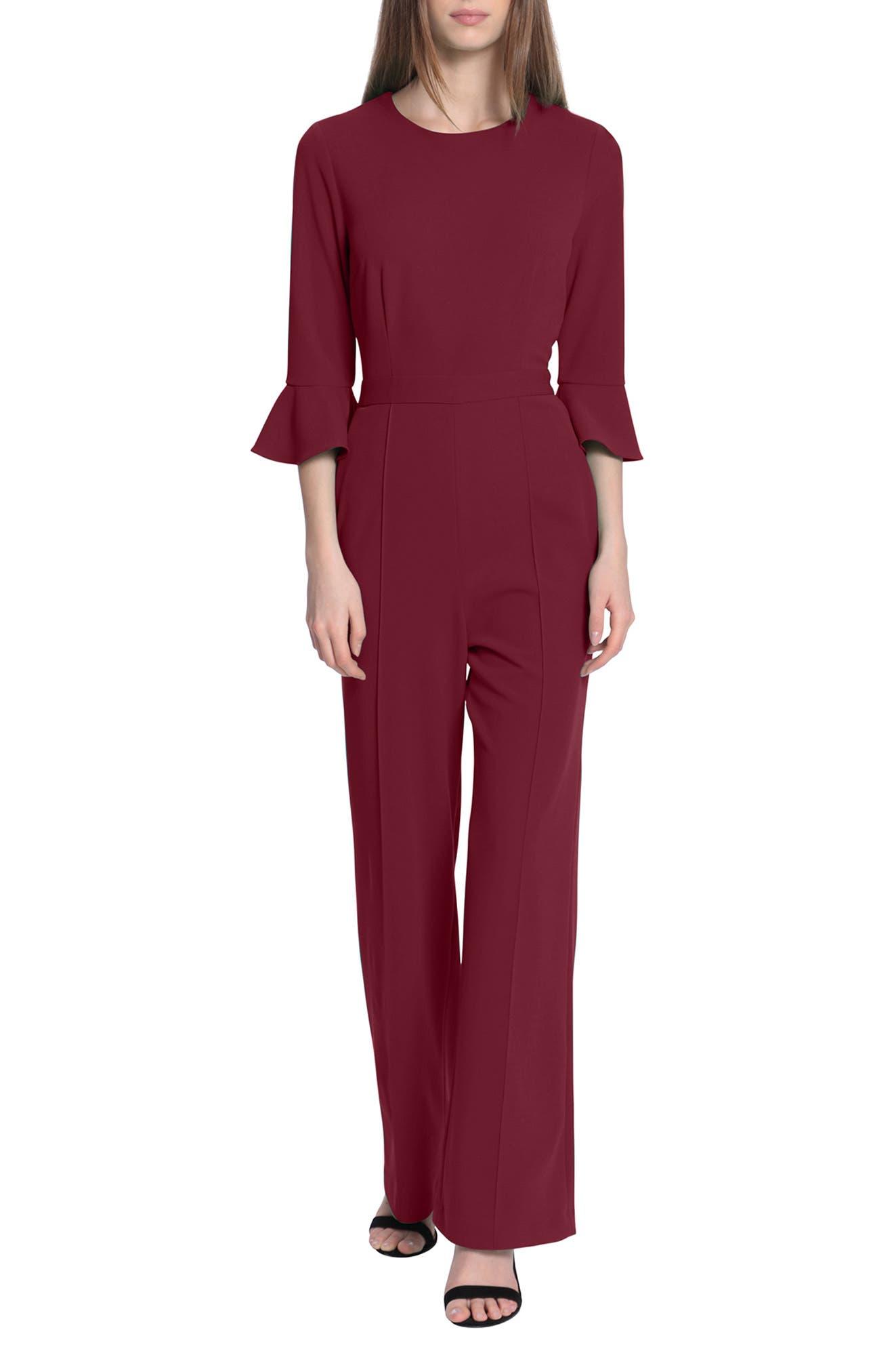 Donna Morgan Flare Three-quarter Sleeve Scuba Crepe Jumpsuit In Aressting  Burgundy At Nordstrom Rack in Red | Lyst