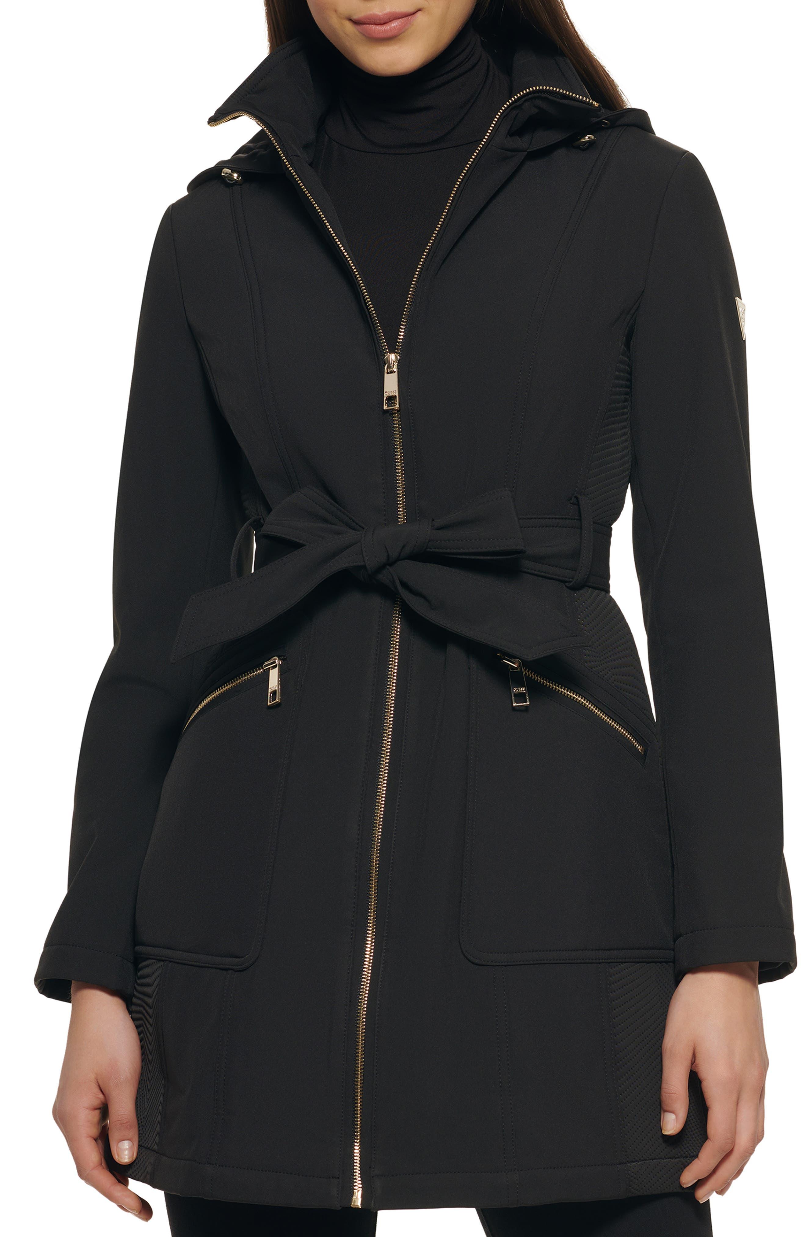 Guess Belted Zip Front Soft Shell Jacket In Black At Nordstrom Rack | Lyst