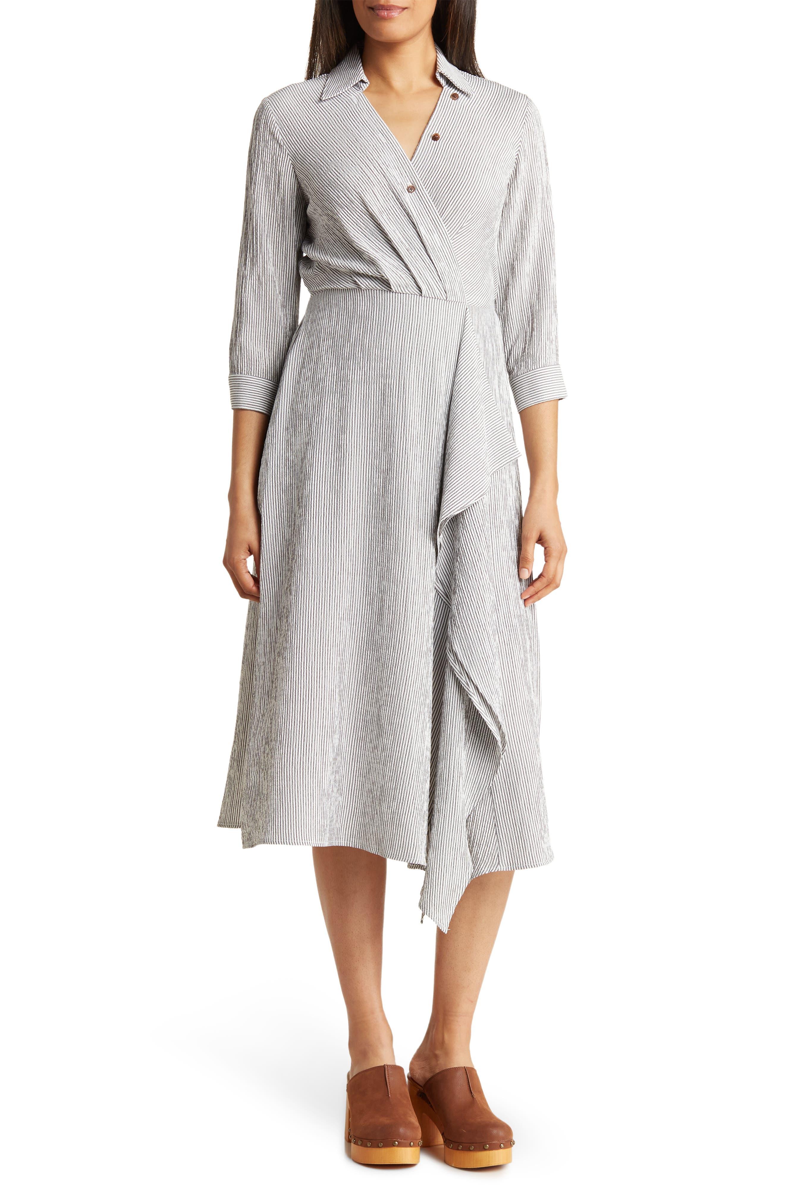 Calvin Klein Stripe Gauze Surplice Midi Dress in Gray | Lyst