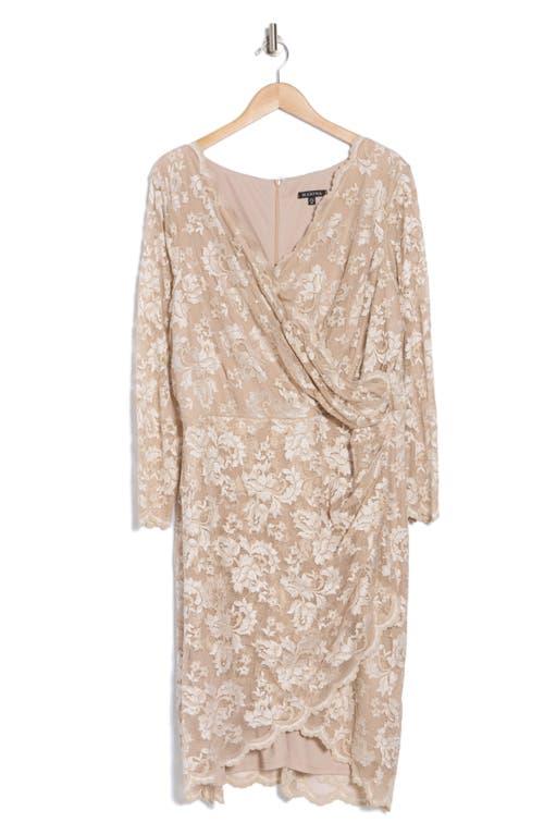 Marina Long Sleeve Faux Wrap Lace Dress in Natural | Lyst