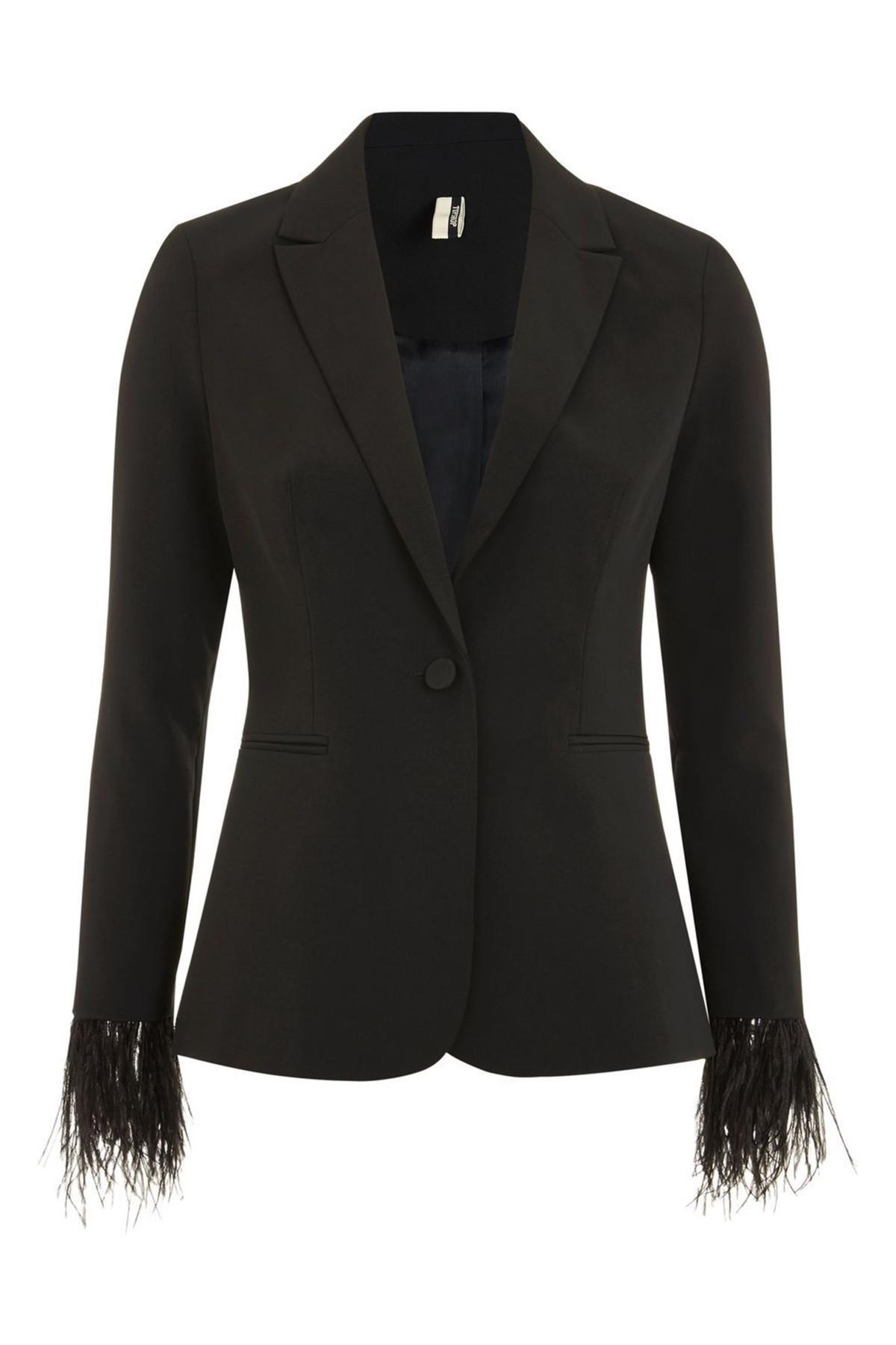 black blazer with feather sleeves
