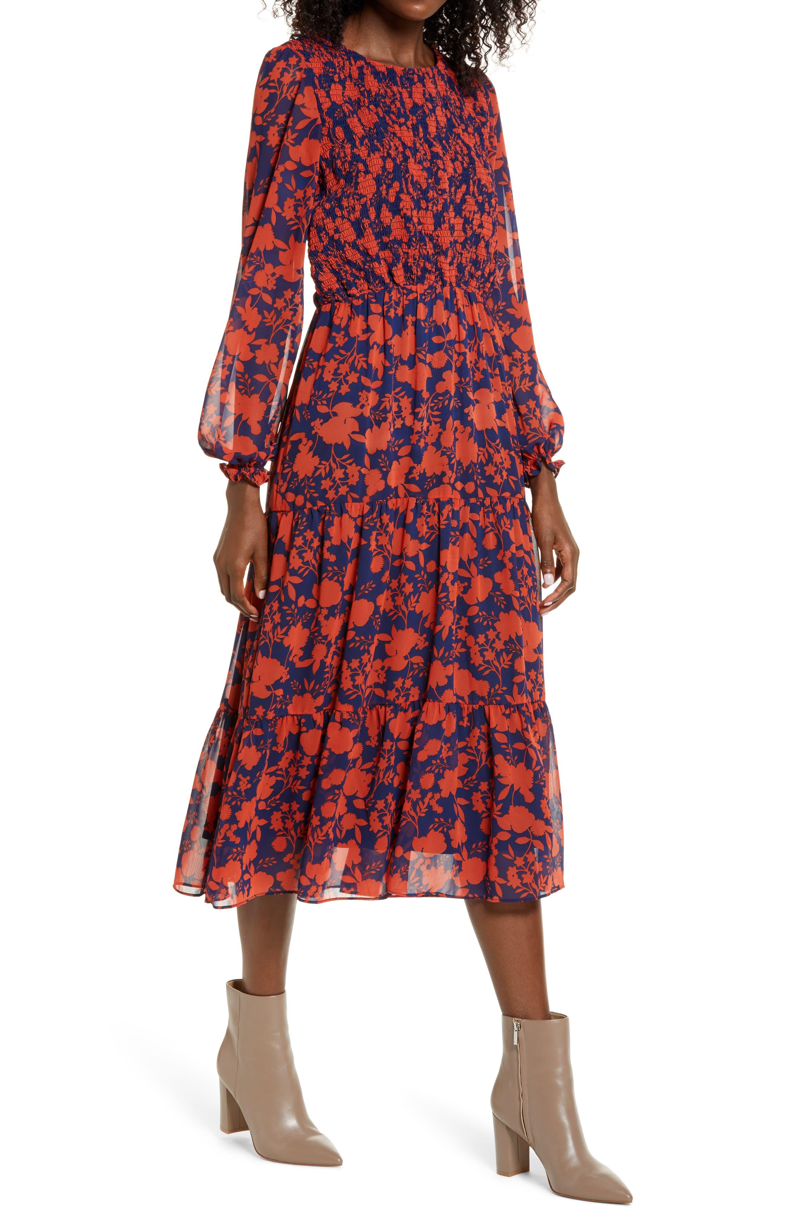 navy dress with orange flowers