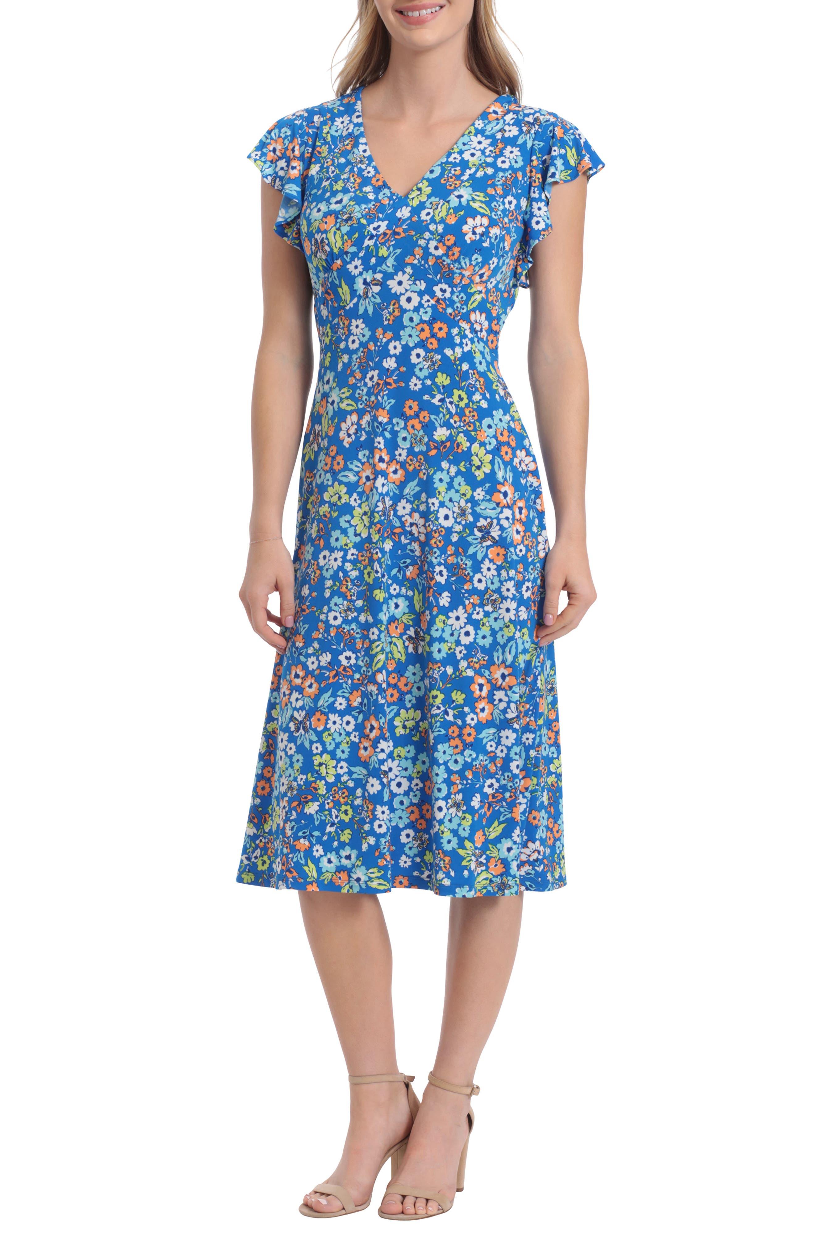 London Times Floral Ruffle Midi Dress in Blue | Lyst