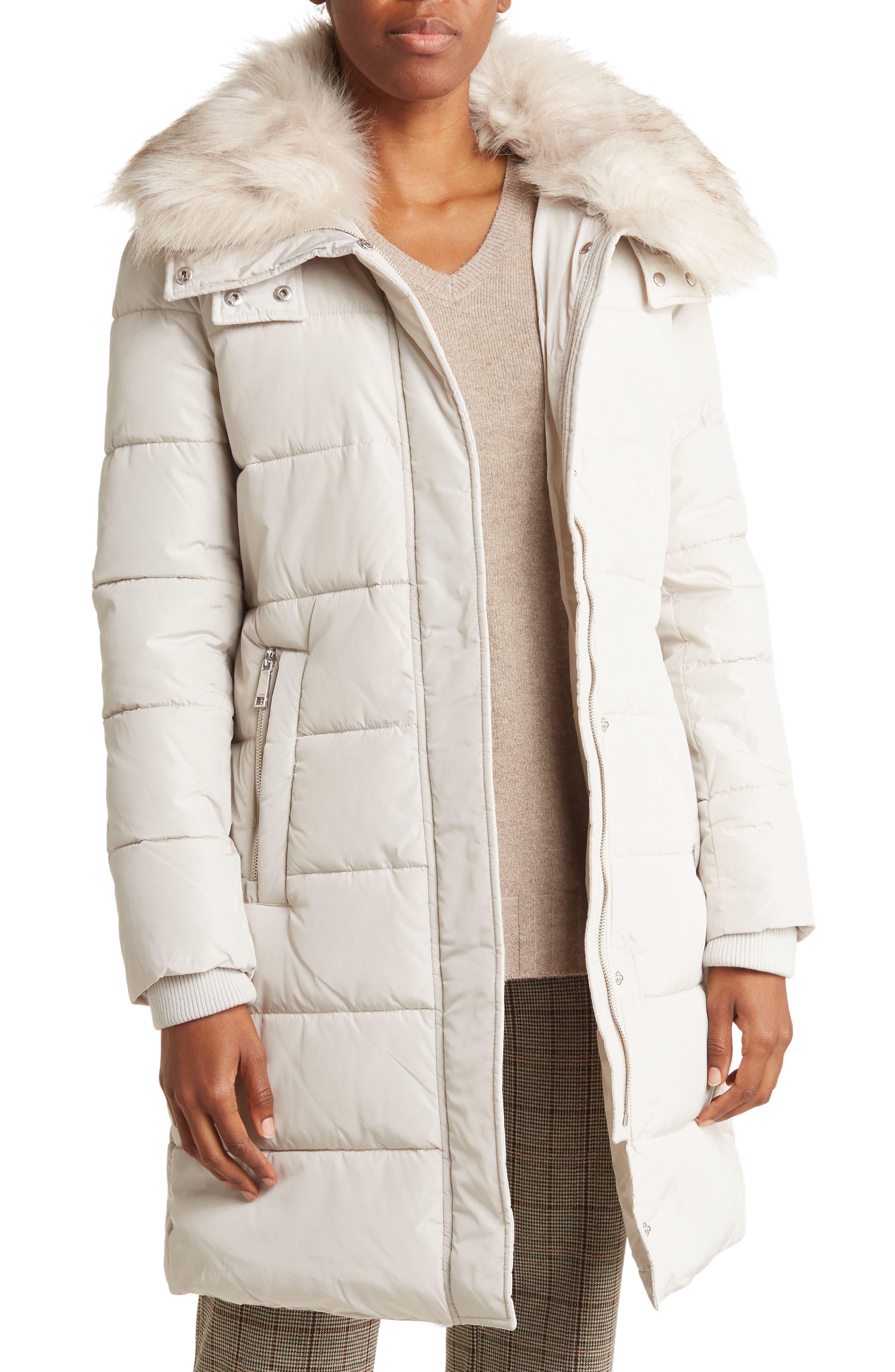 Nine West Faux Fur Collar Puffer Coat In Marble At Nordstrom Rack in  Natural | Lyst