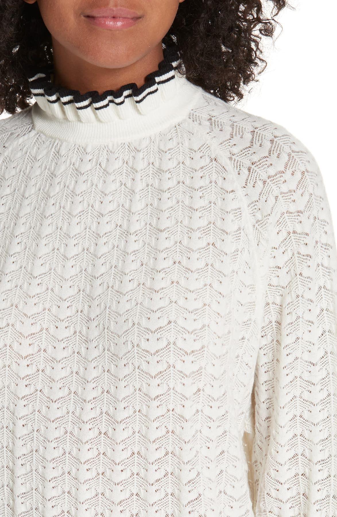 Maje Wool Ruffle Collar Pointelle Knit Sweater in Ecru (White) - Lyst