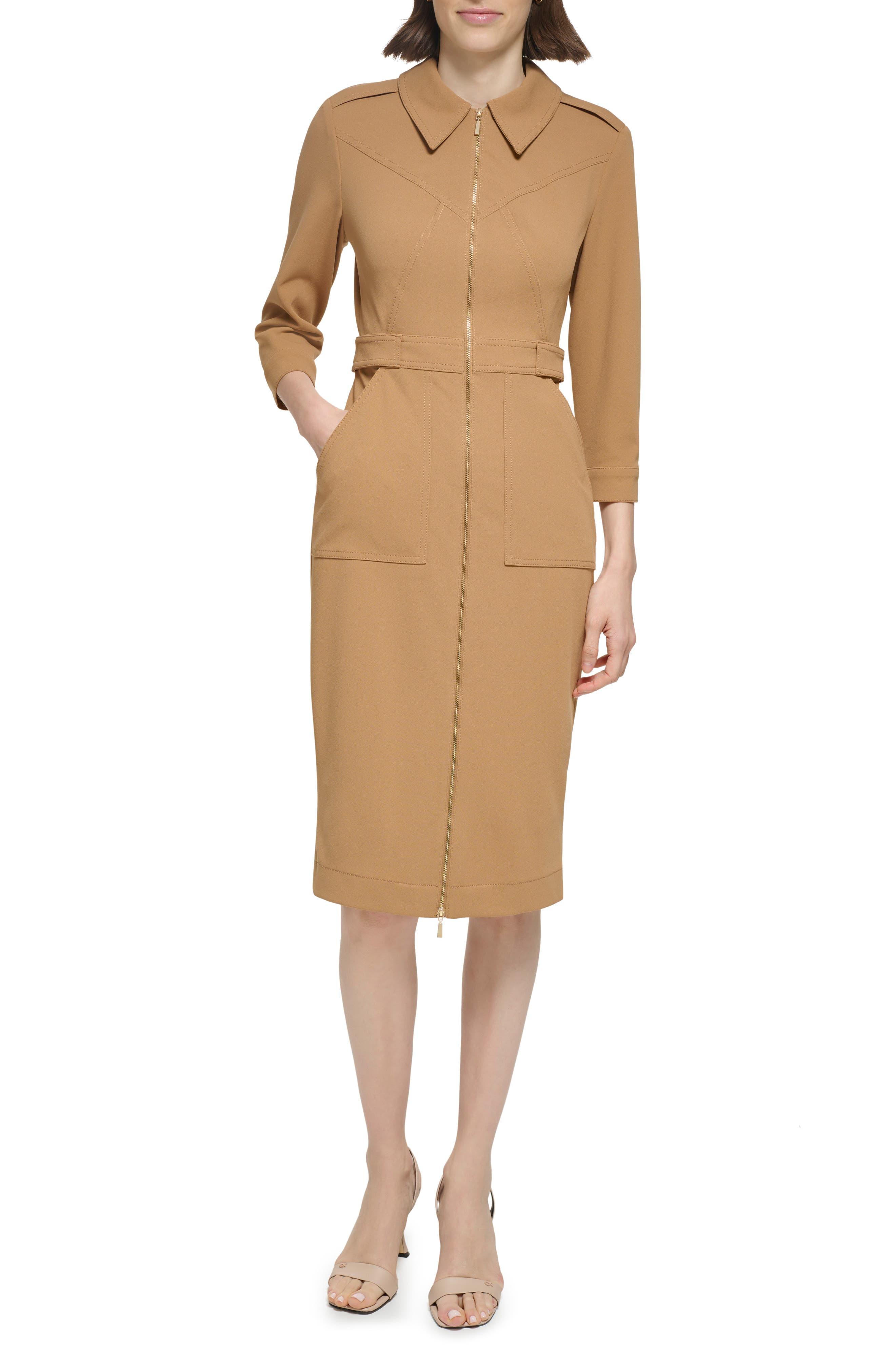 Calvin Klein Zip Front 3 4 Sleeve Shirtdress in Natural Lyst