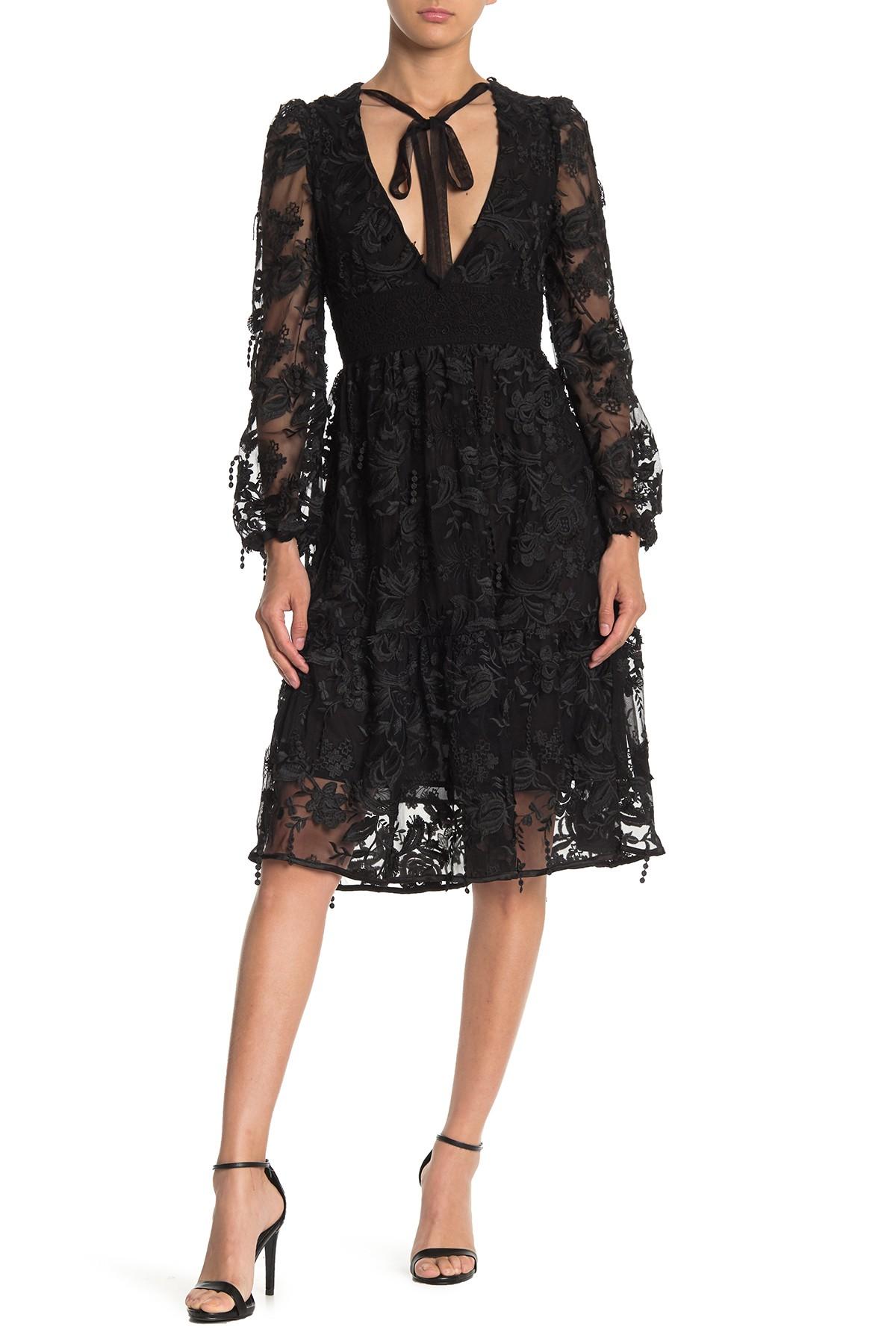 Cynthia Rowley Harlow Tie Front Lace Long Sleeve Midi Dress In Black Lyst