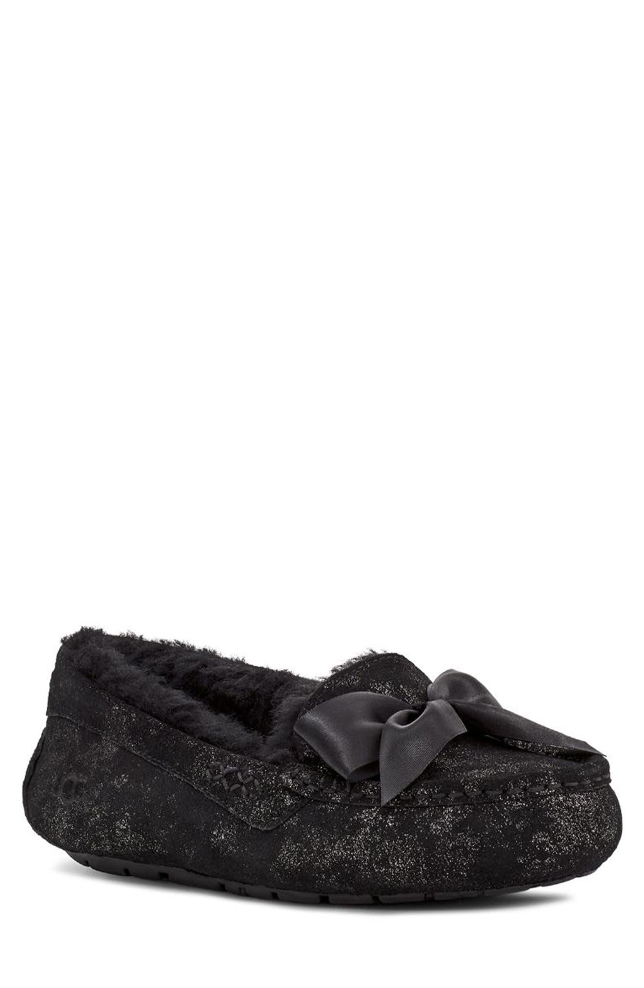 UGG Wool Ansley Bow Glimmer Faux Fur Lined Slipper In Black At 