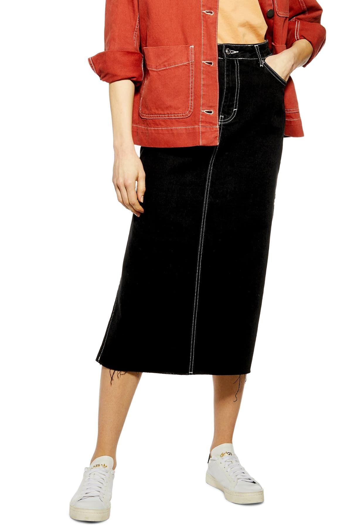 side split denim midi skirt