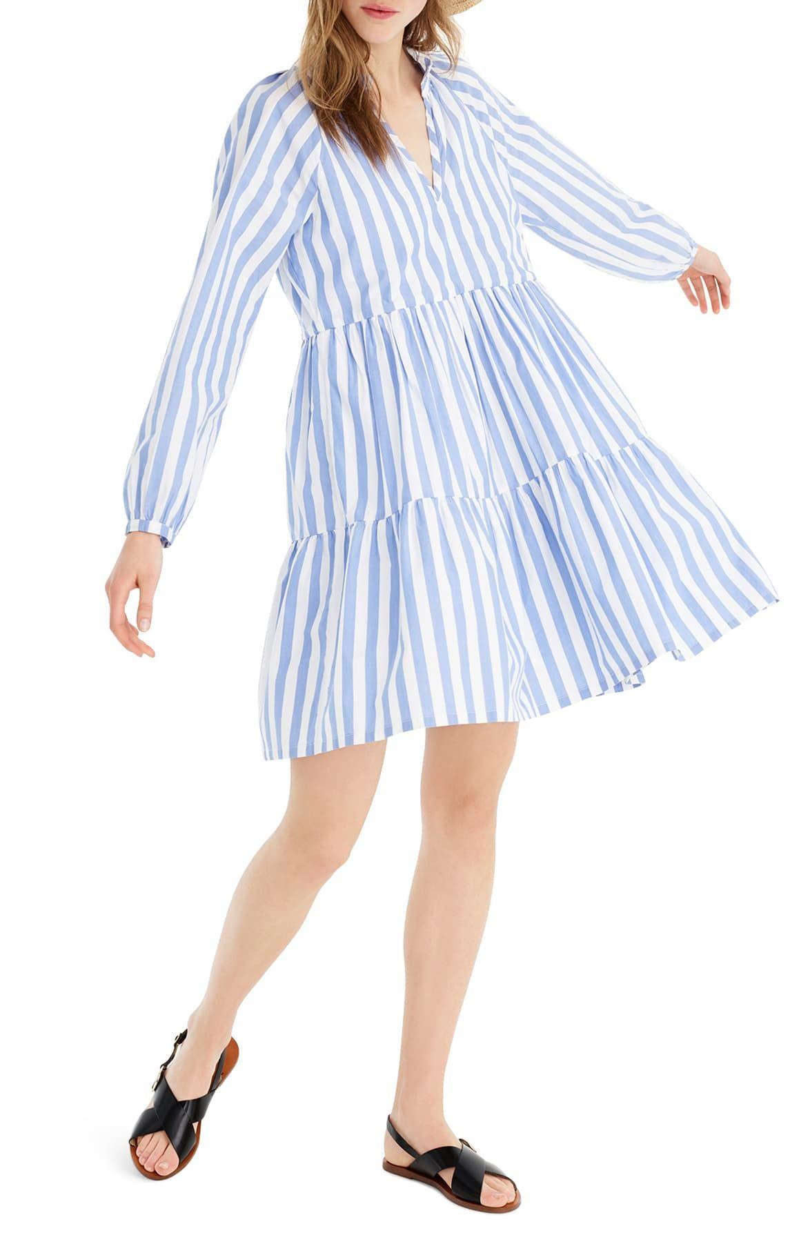 J.Crew Tiered Popover Dress In Striped Cotton Poplin in Blue | Lyst