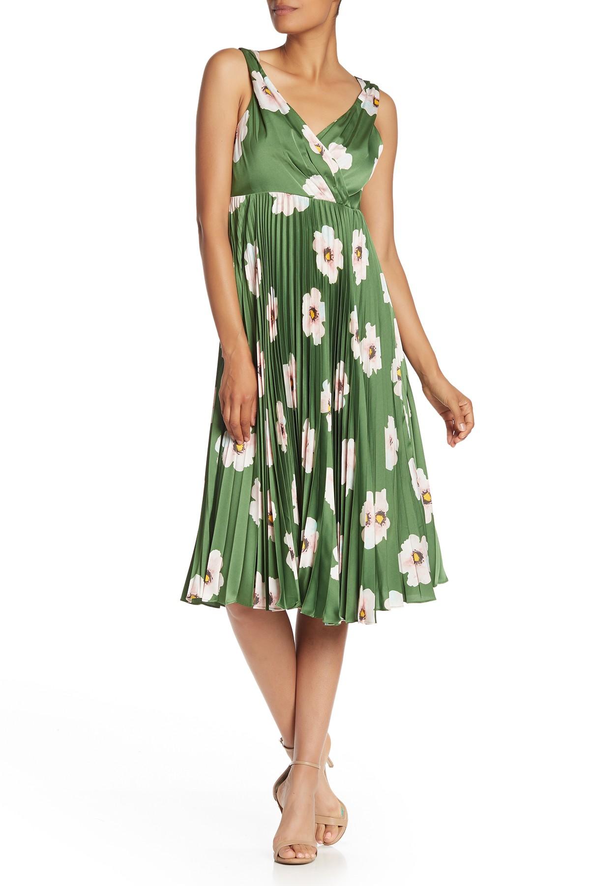Maggy London Floral Pleated Wrap Front Sleeveless Midi Dress in Green ...
