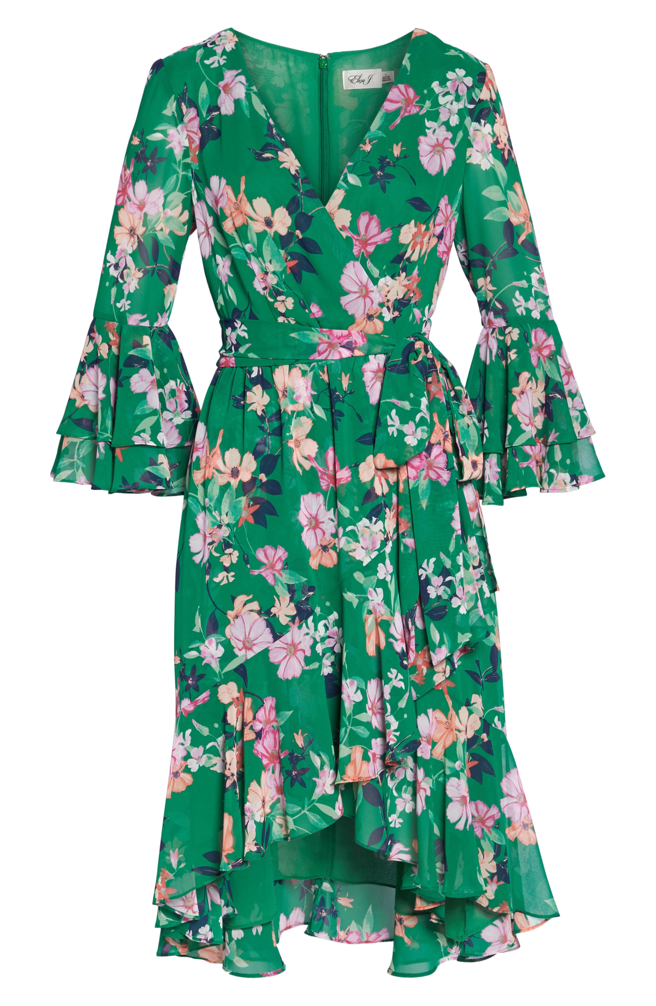 Eliza J Chiffon Ruffle Sleeve Floral Faux Wrap Dress In Green Lyst