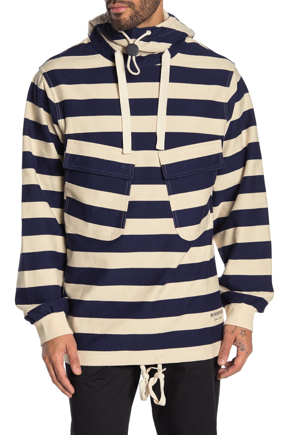 Burberry Cotton Thornford Striped Pullover Hoodie in Blue for Men 
