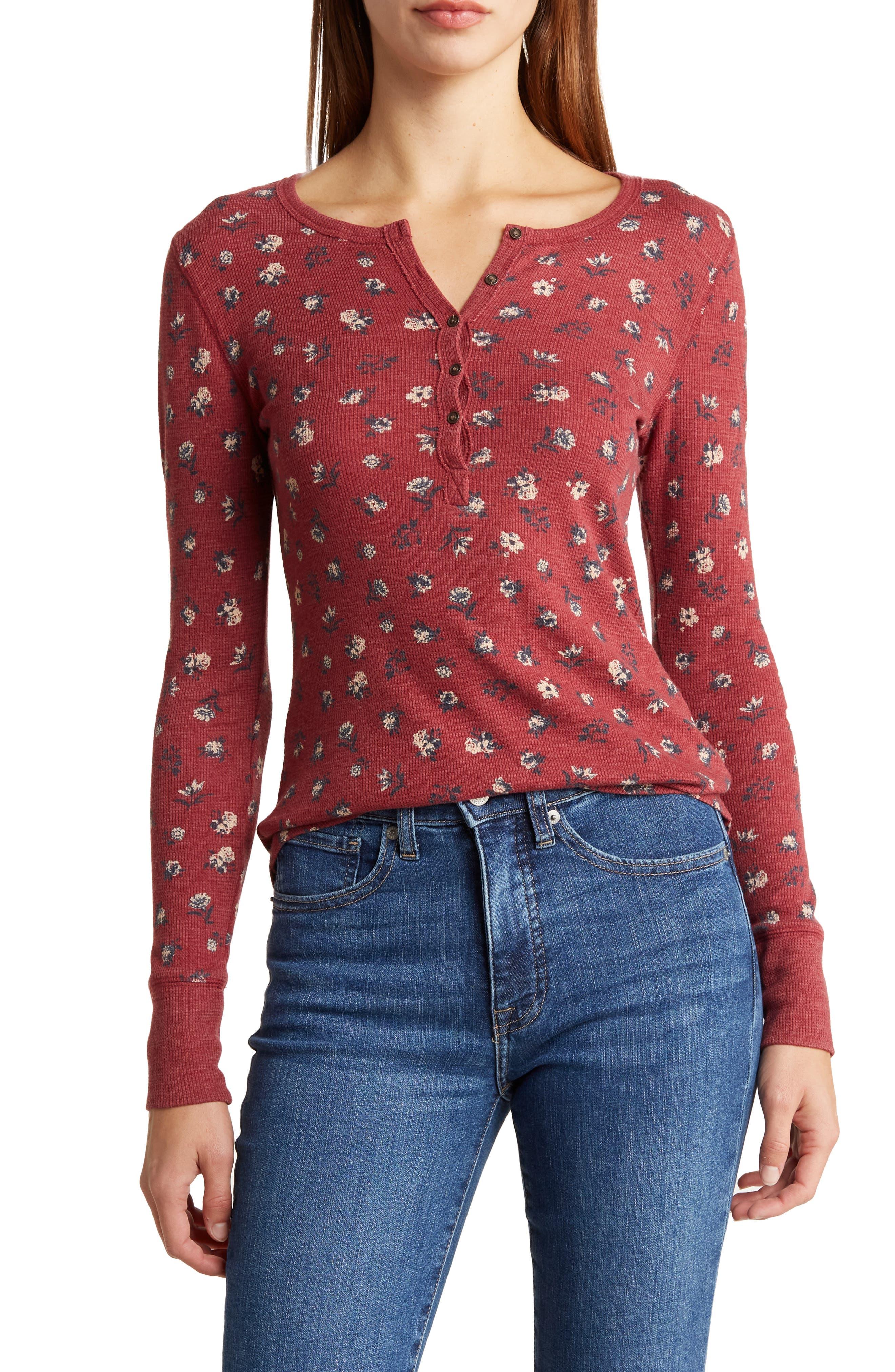 Lucky Brand Floral Long Sleeve Thermal Henley in Red