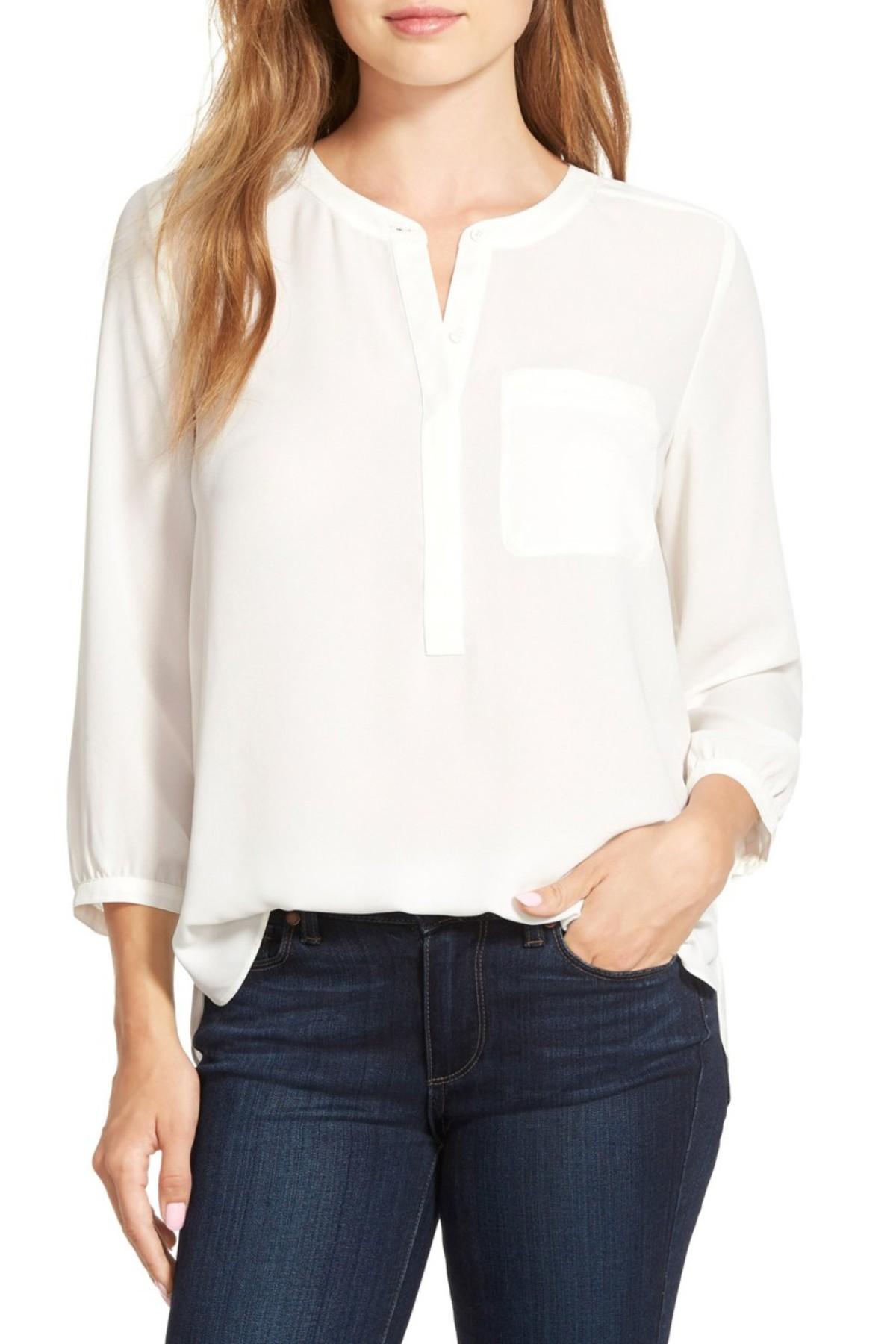 NYDJ Synthetic Henley 3/4 Sleeve Blouse (petite) in Vanilla (White) Lyst
