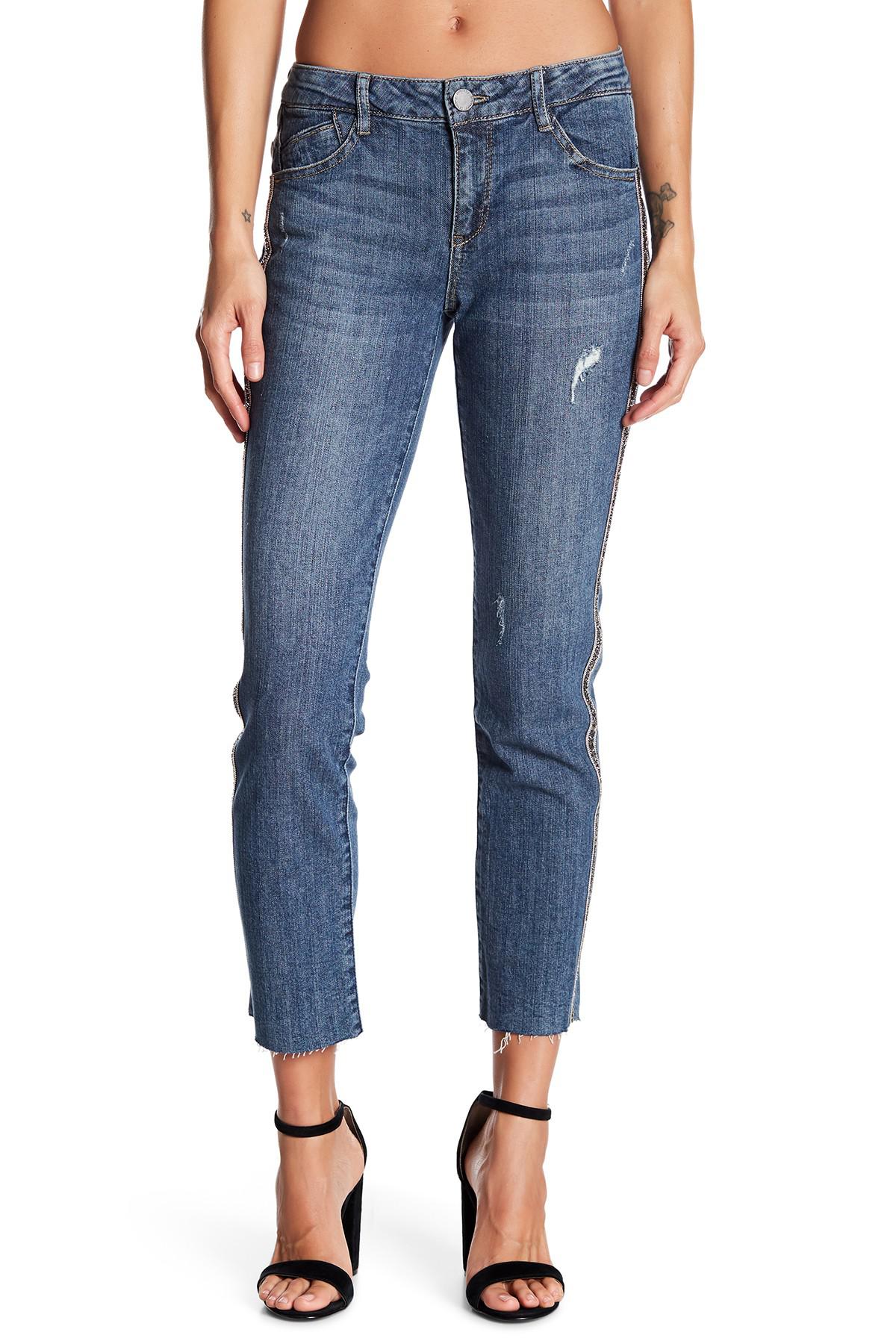 Democracy Denim Embellished Trim Raw Hem Straight Leg
