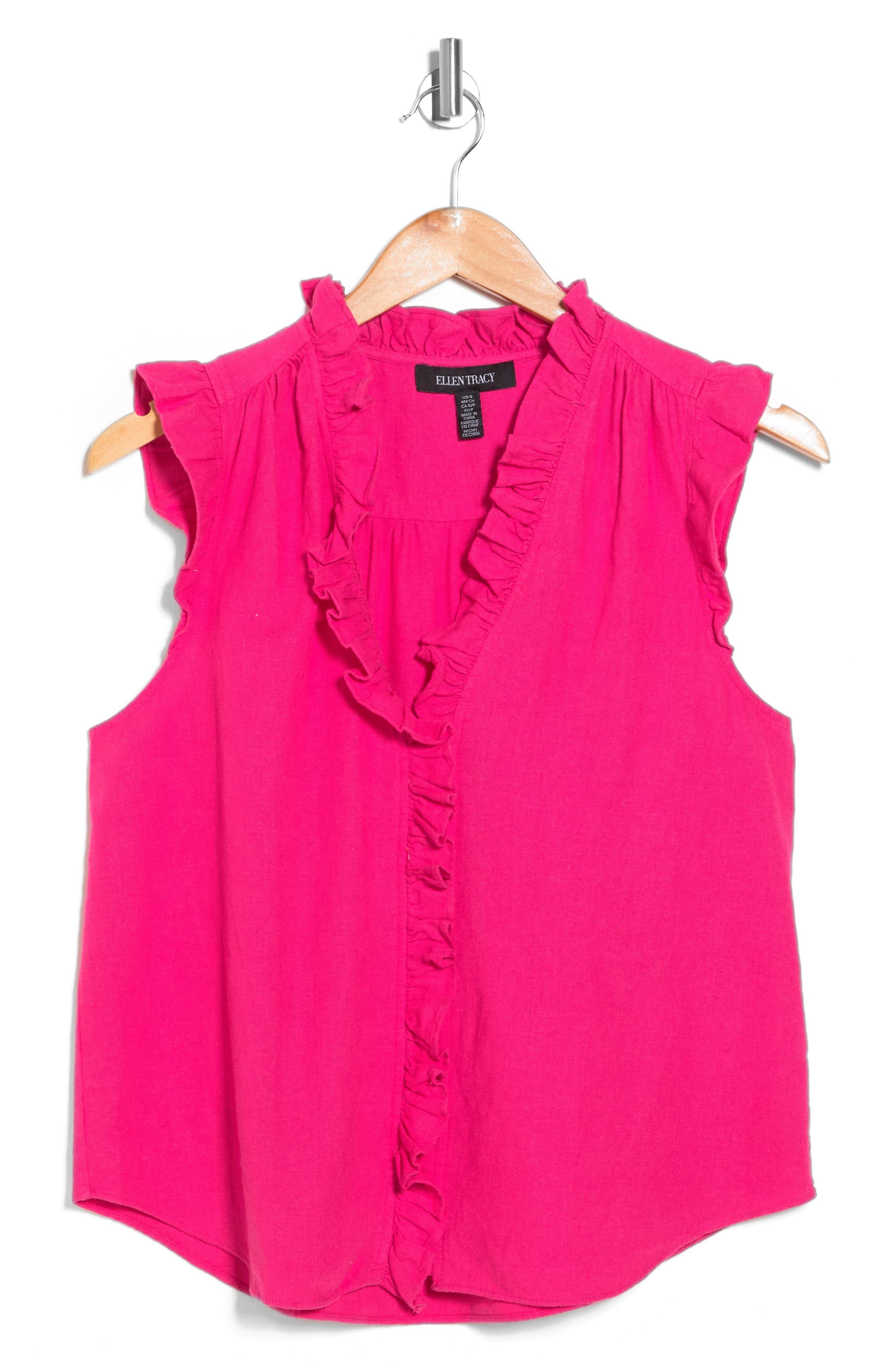 Ellen Tracy Ruffle Linen Blend Shirt in Pink | Lyst