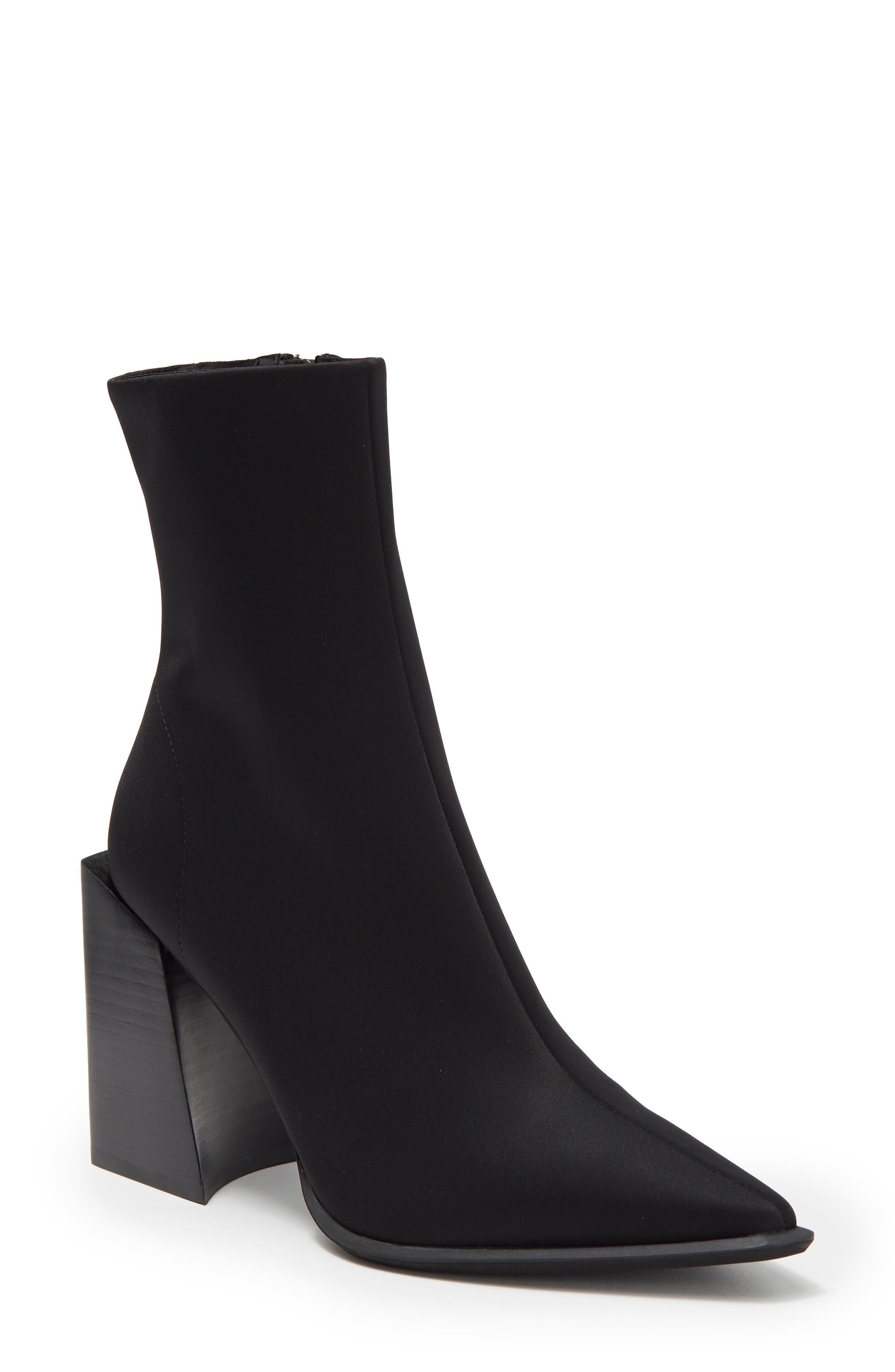 Jeffrey Campbell Happy Hour Pointed Toe Patent Boot In Black Neoprene