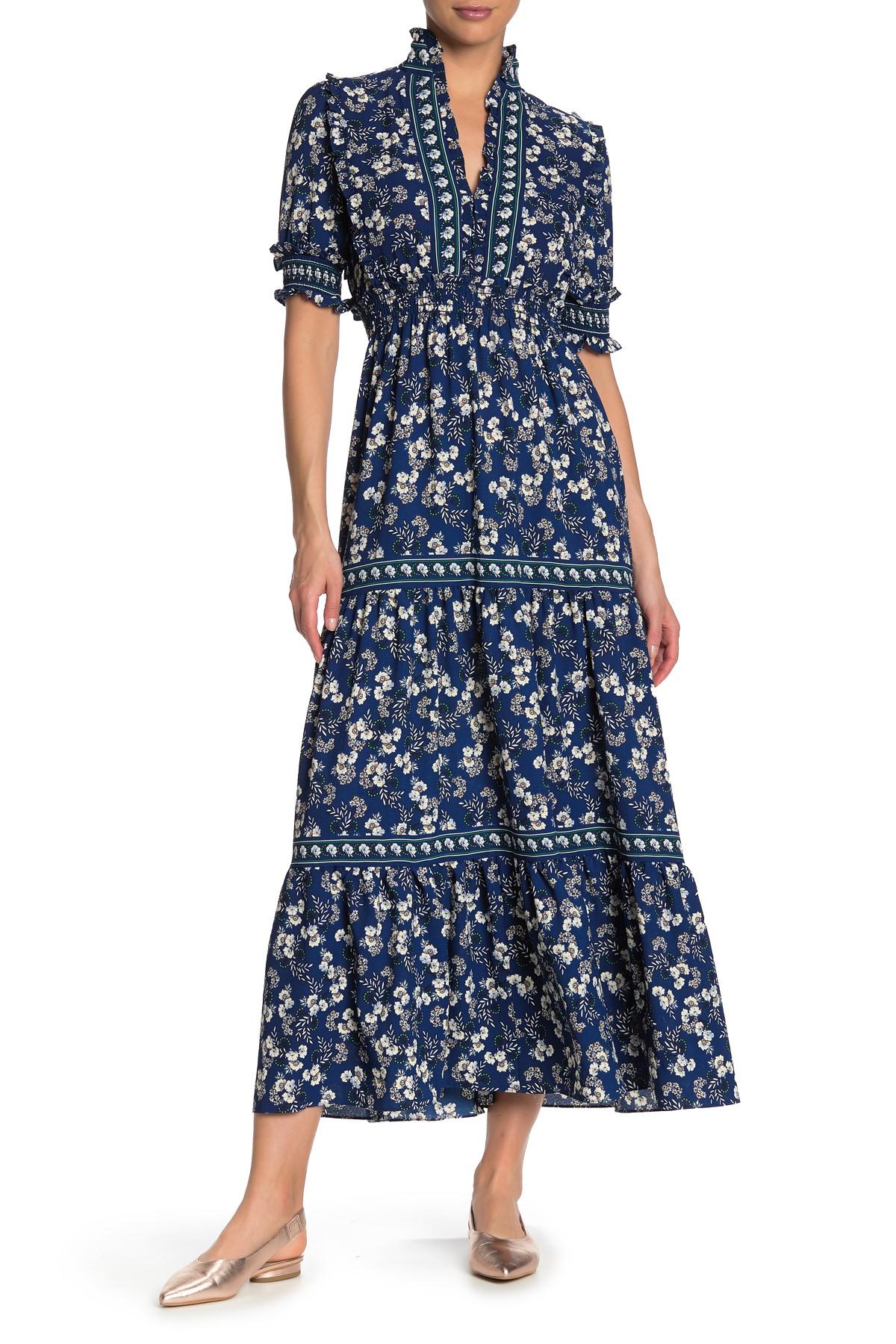 Max Studio Elbow Length Sleeve Print Tiered Maxi Dress in Blue | Lyst