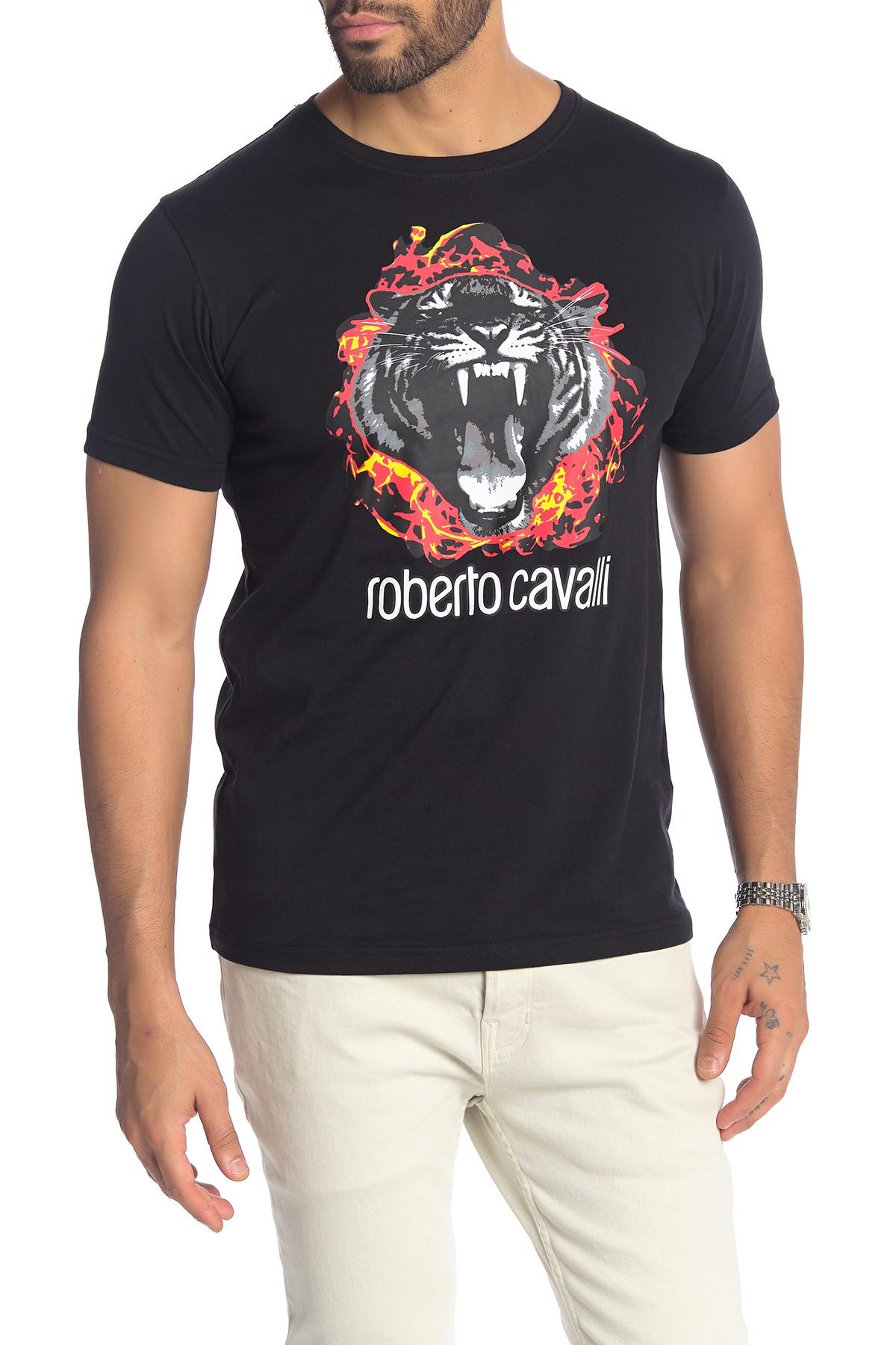 Roberto Cavalli Mens Black Cotton Flame Tiger Graphic T Shirt for Men ...