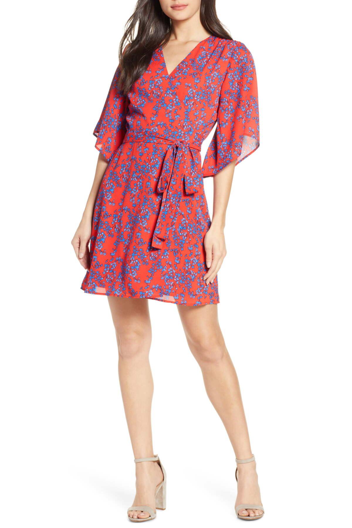Charles Henry Floral Wrap Dress (petite) in Red | Lyst