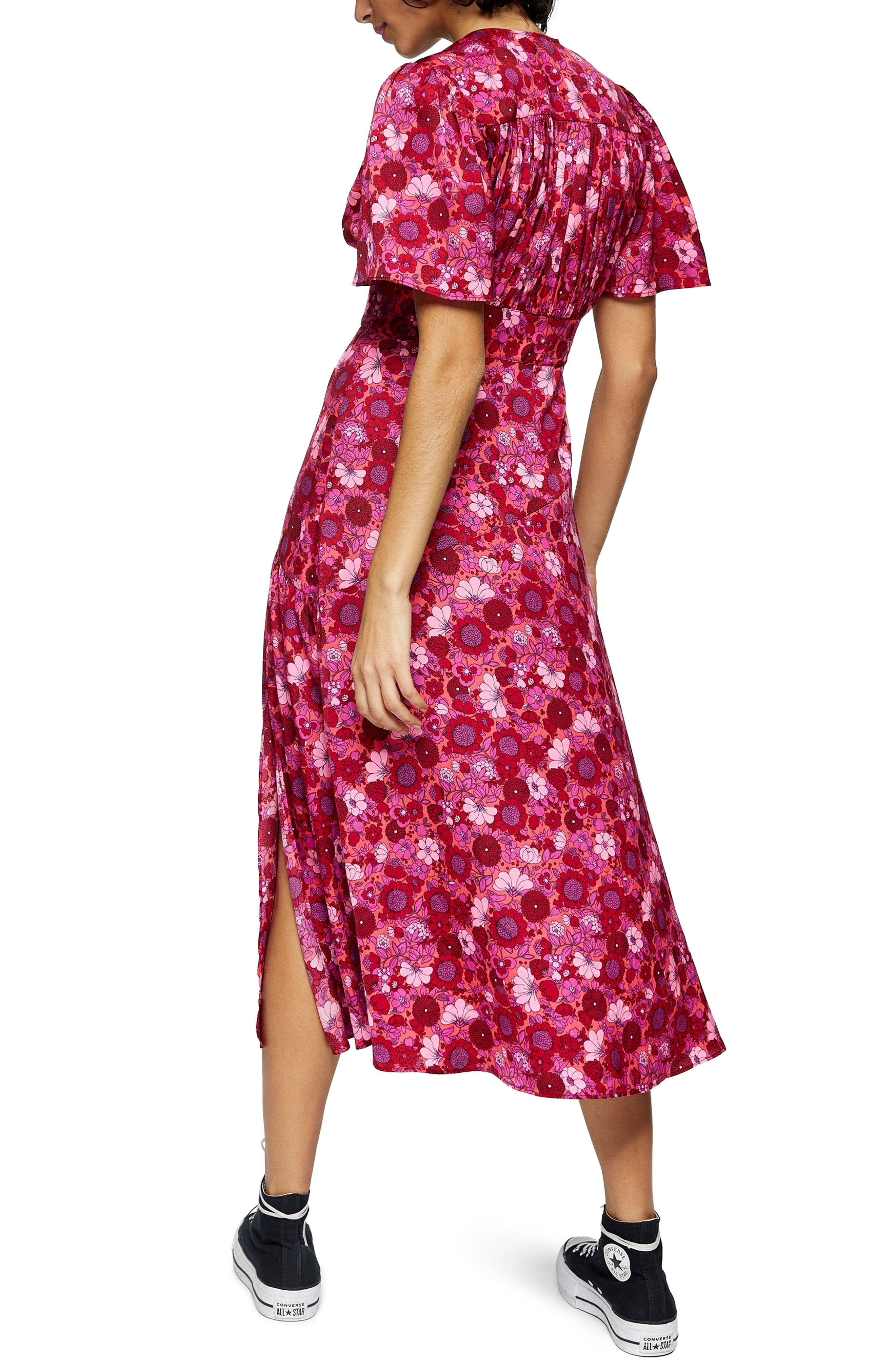 TOPSHOP Willow Pink Floral Print Angel Sleeve Midi Dress in Red | Lyst